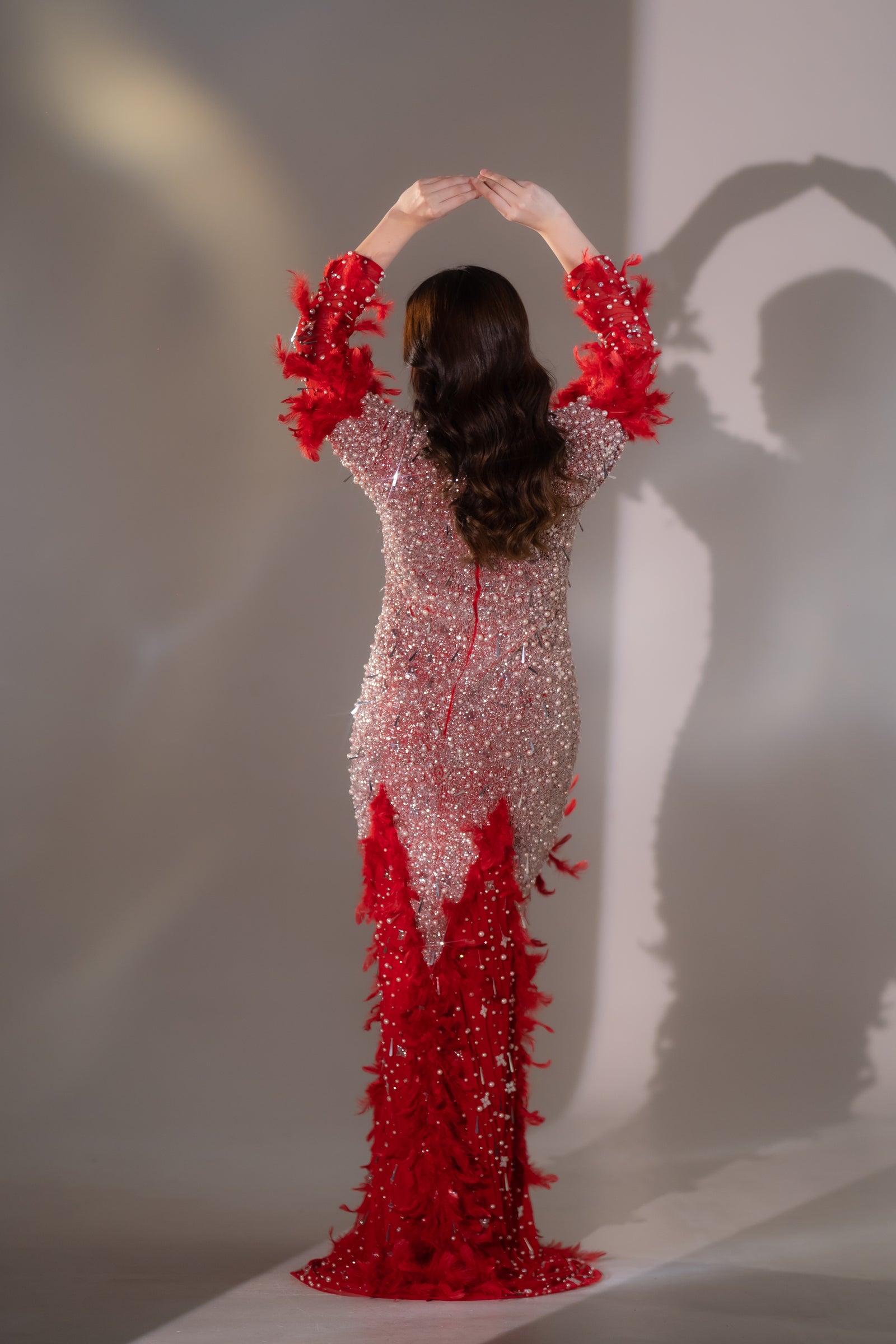 Ruby Red Pearl & Feather Embellished Evening Gown