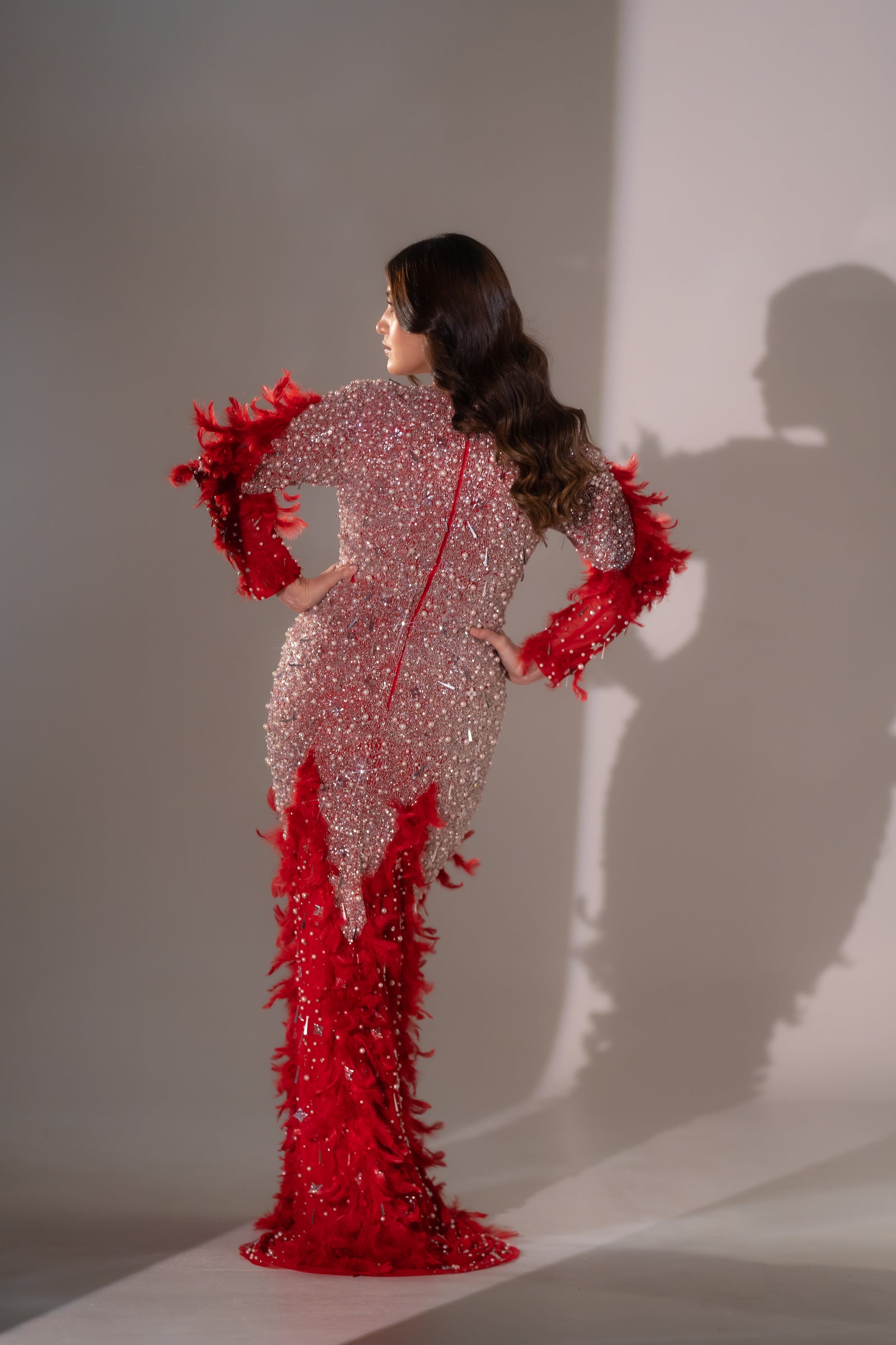Ruby Red Pearl & Feather Embellished Evening Gown