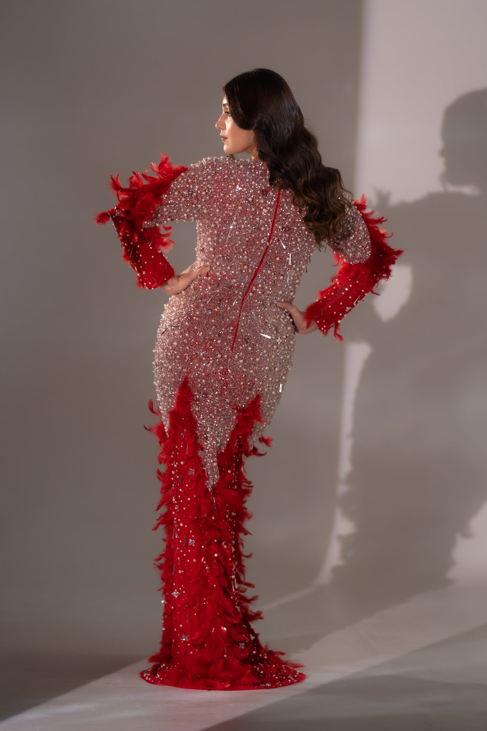 Ruby Red Pearl & Feather Embellished Evening Gown