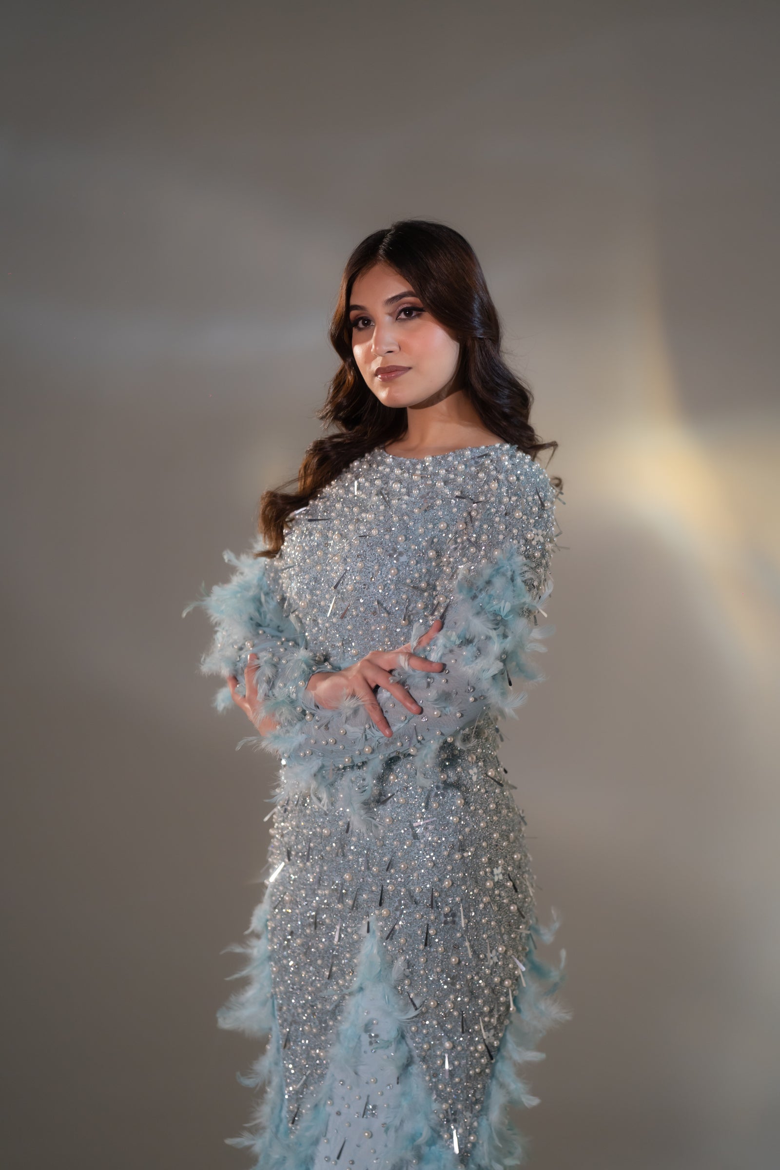 Ice Blue Pearl & Feather Embellished Evening Gown