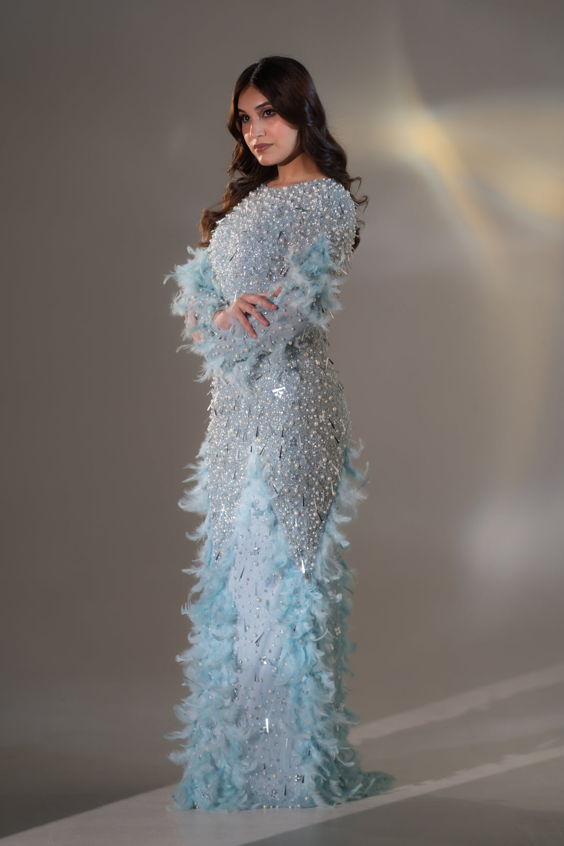 Ice Blue Pearl & Feather Embellished Evening Gown