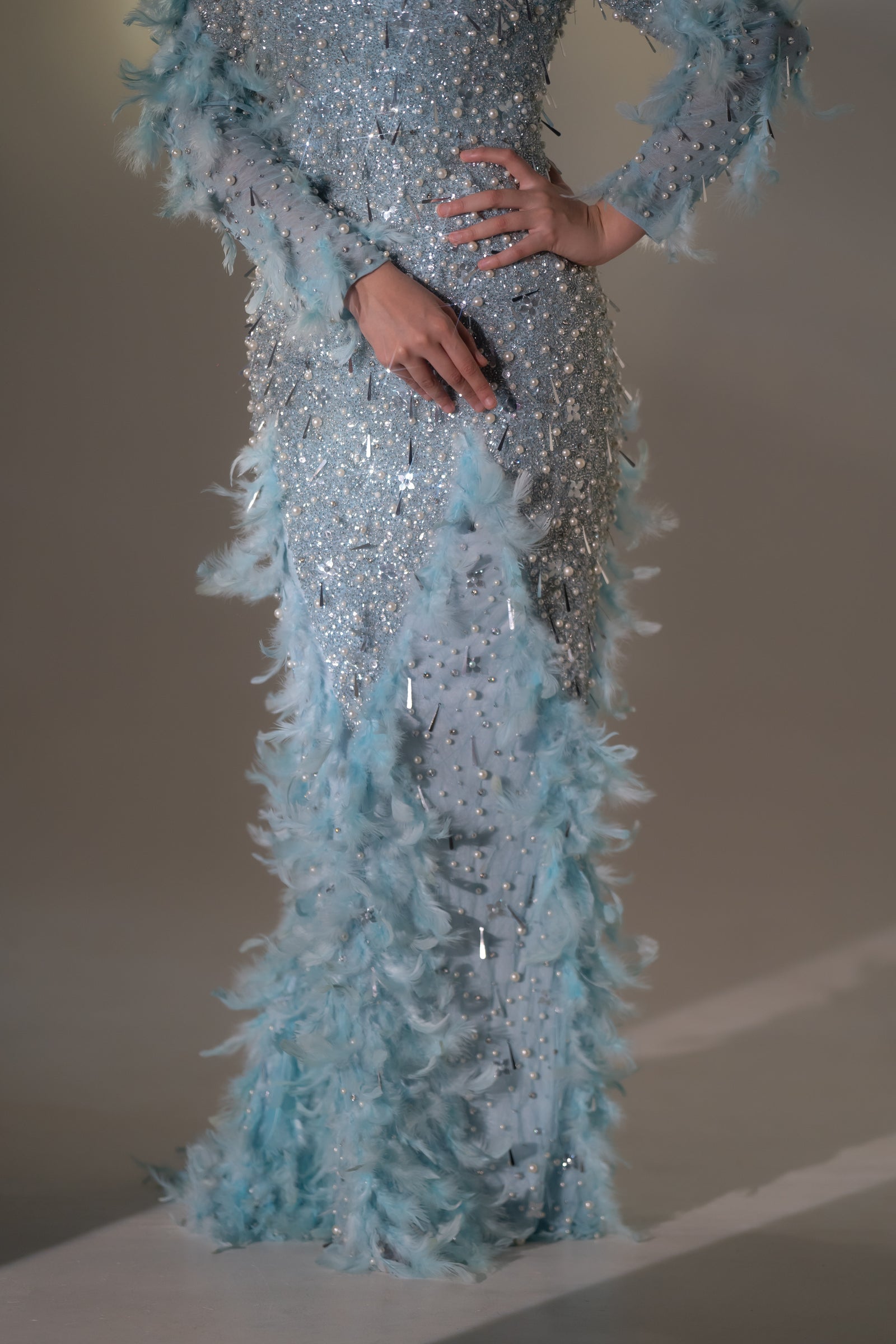 Ice Blue Pearl & Feather Embellished Evening Gown