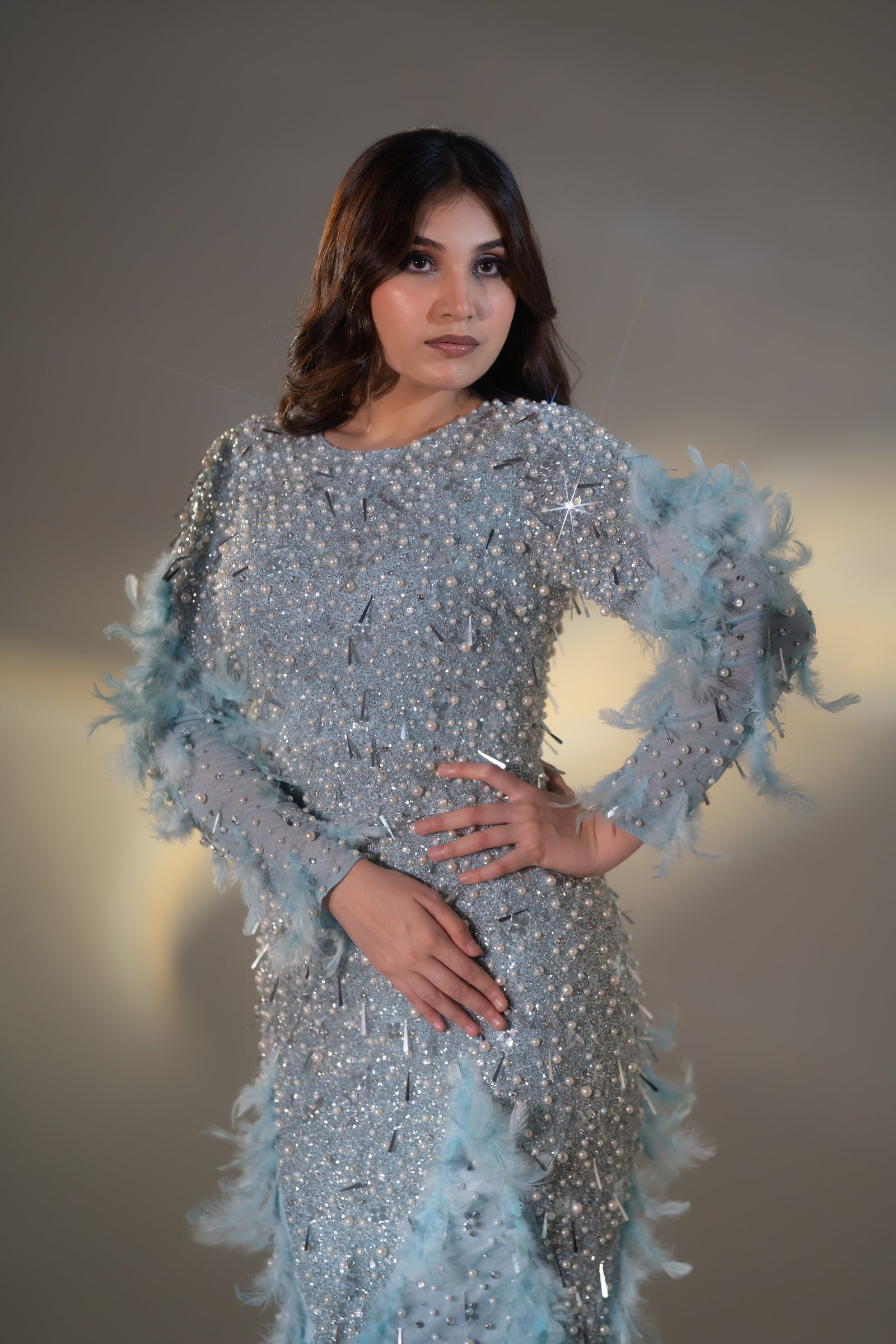 Ice Blue Pearl & Feather Embellished Evening Gown