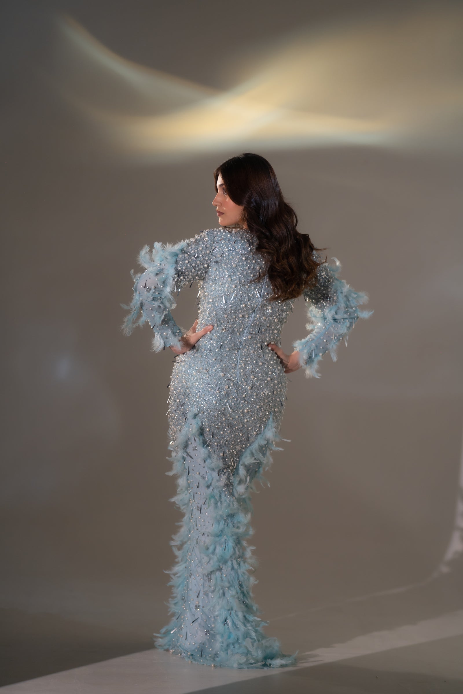 Ice Blue Pearl & Feather Embellished Evening Gown