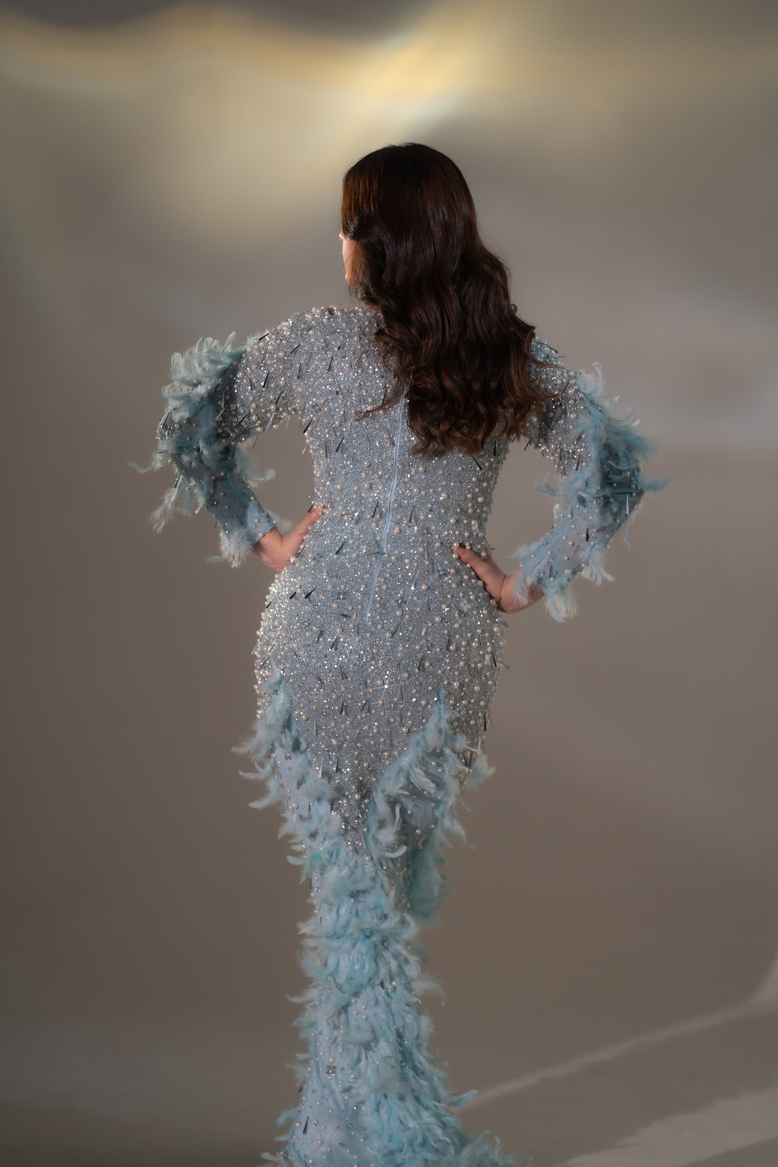 Ice Blue Pearl & Feather Embellished Evening Gown