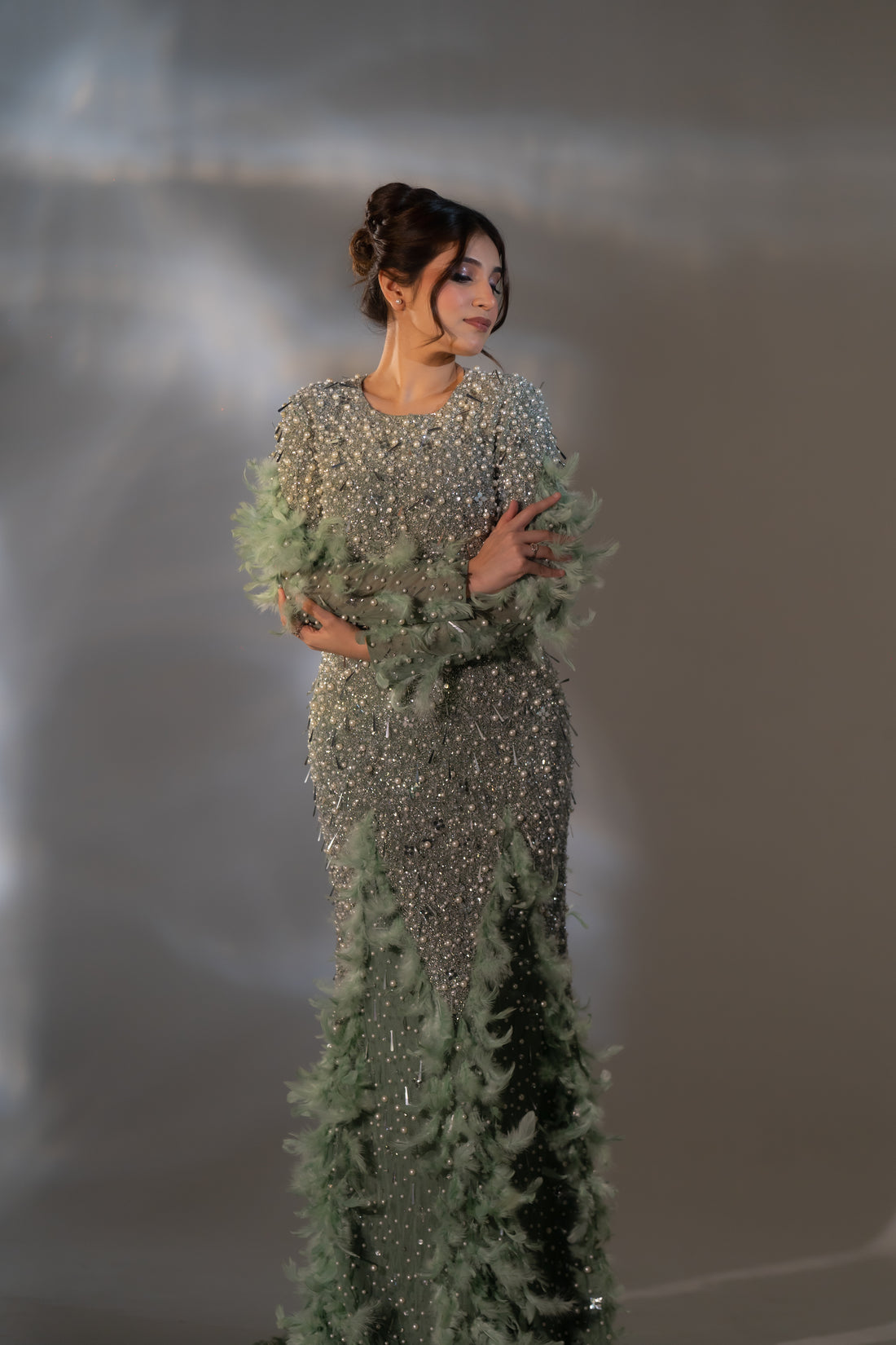 Sage Green Pearl & Feather Embellished Evening Gown
