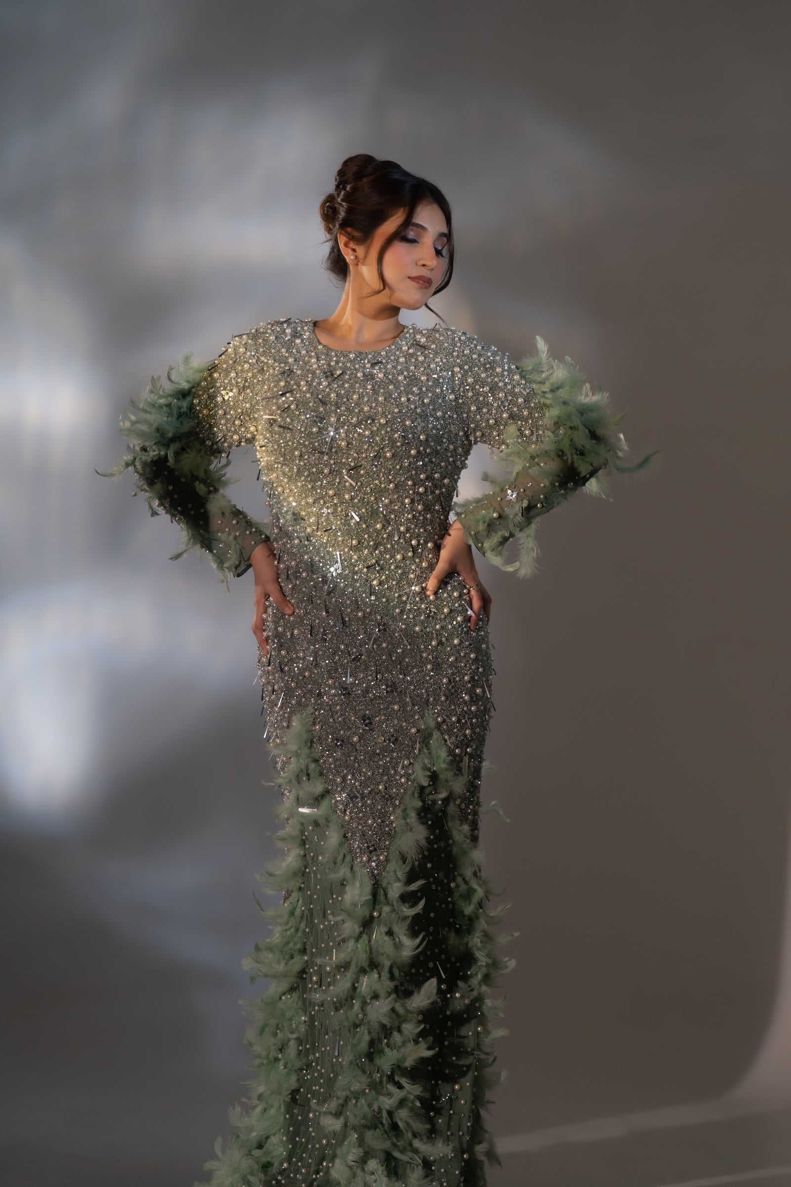 Sage Green Pearl & Feather Embellished Evening Gown