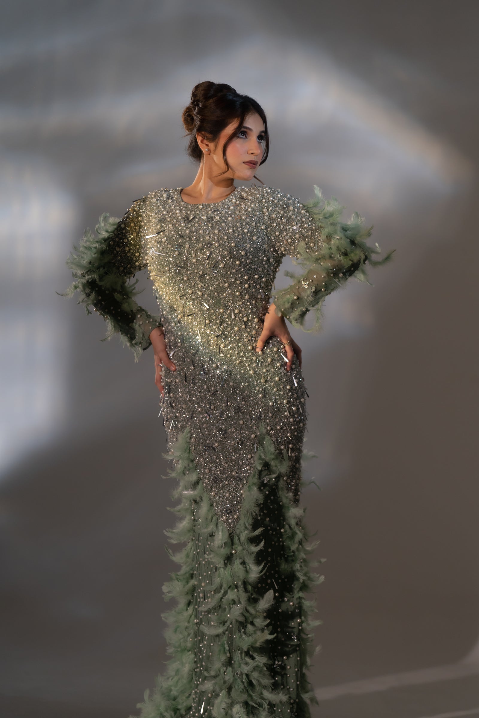 Sage Green Pearl & Feather Embellished Evening Gown