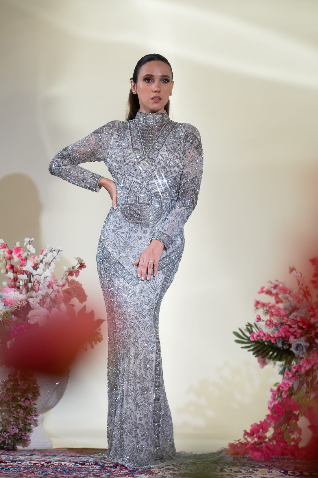 Silver Grey High-Neck Heavy Beaded Evening Gown