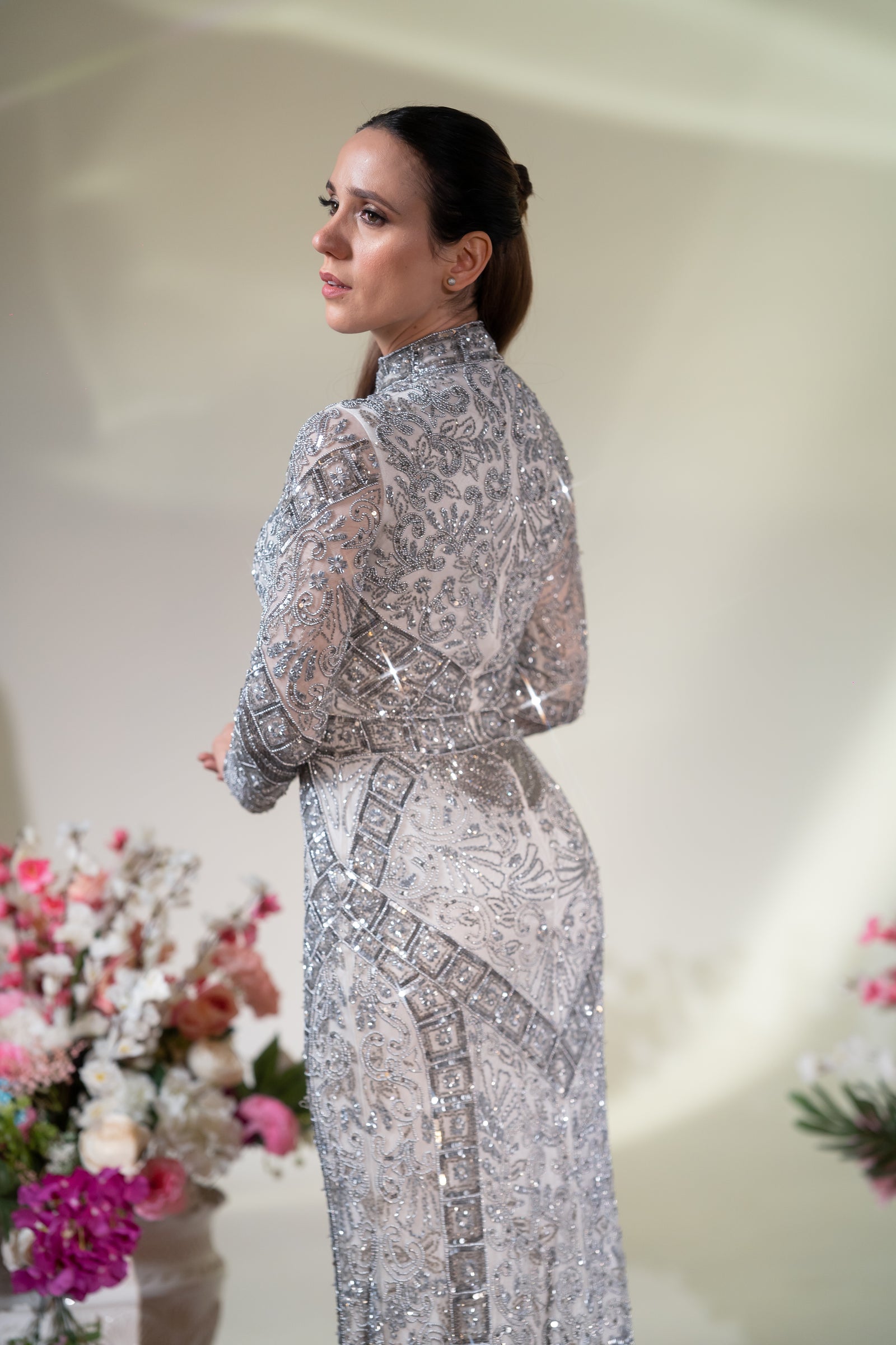Silver Grey High-Neck Heavy Beaded Evening Gown