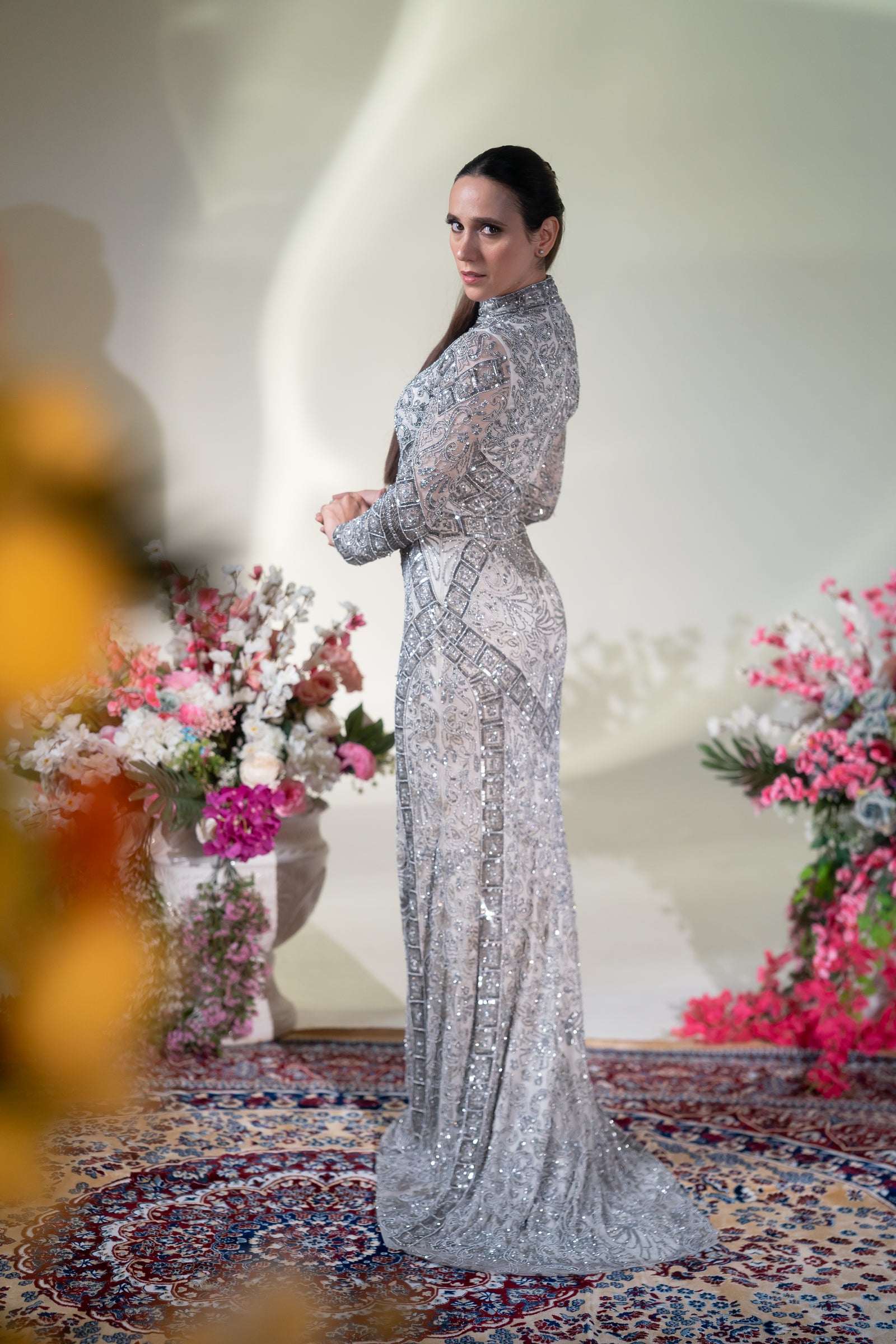 Silver Grey High-Neck Heavy Beaded Evening Gown