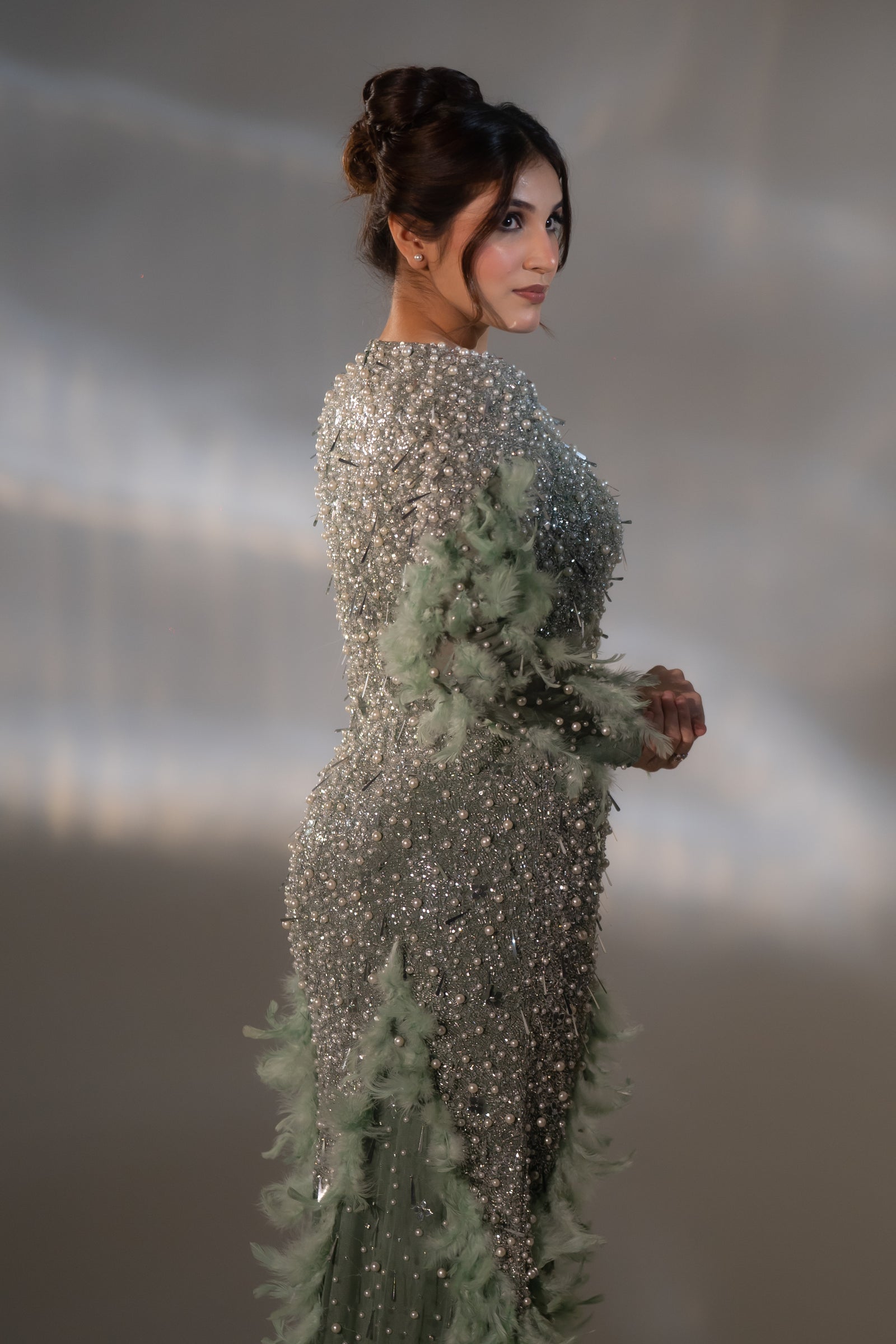 Sage Green Pearl & Feather Embellished Evening Gown