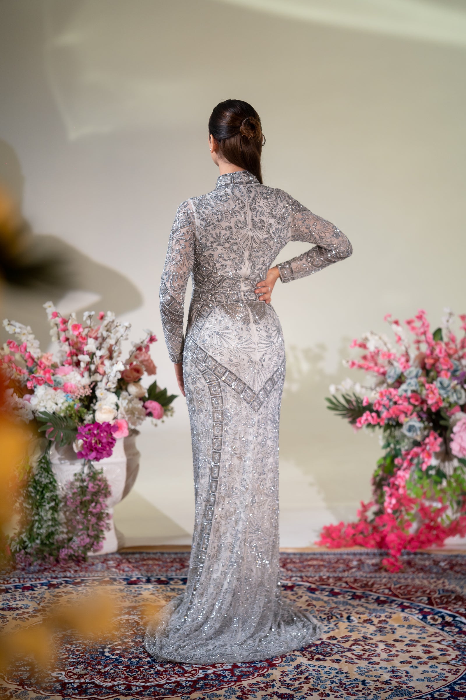 Silver Grey High-Neck Heavy Beaded Evening Gown