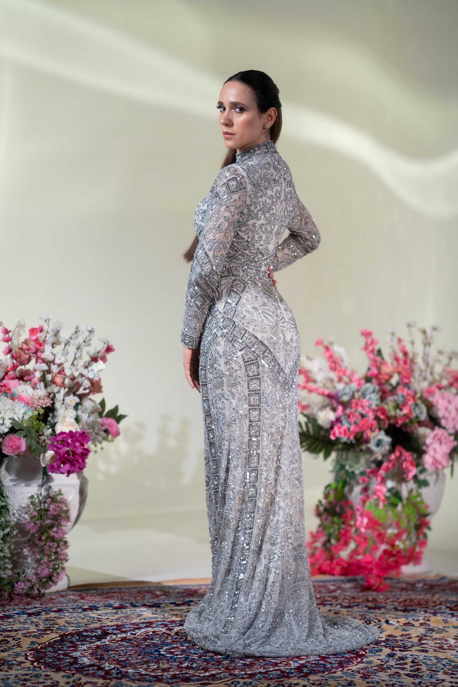Silver Grey High-Neck Heavy Beaded Evening Gown