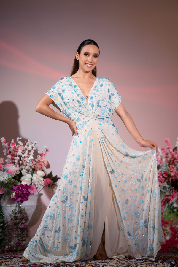 Cream & Powder Blue Floral Embroidered Slit Evening Gown