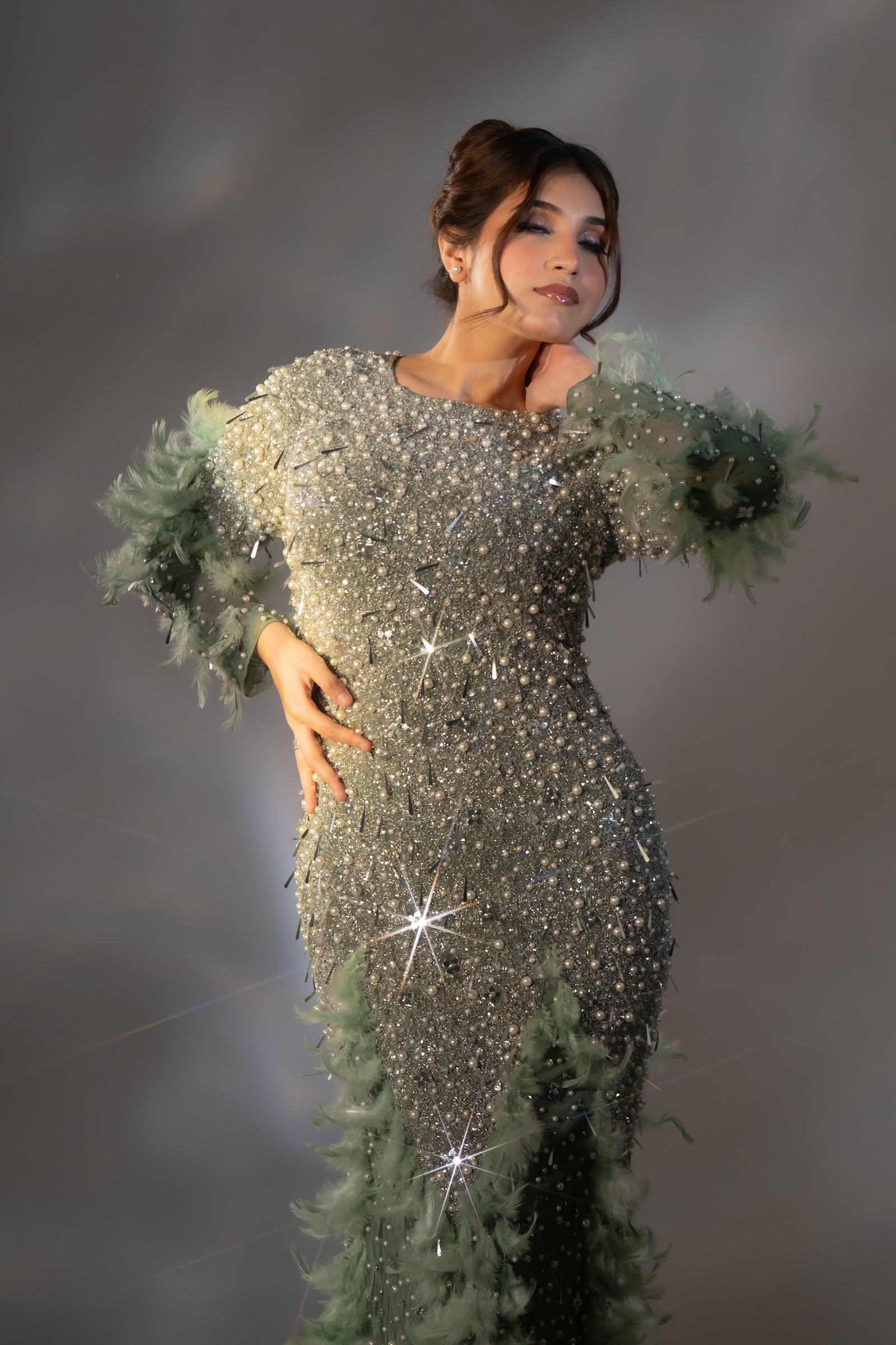 Sage Green Pearl & Feather Embellished Evening Gown