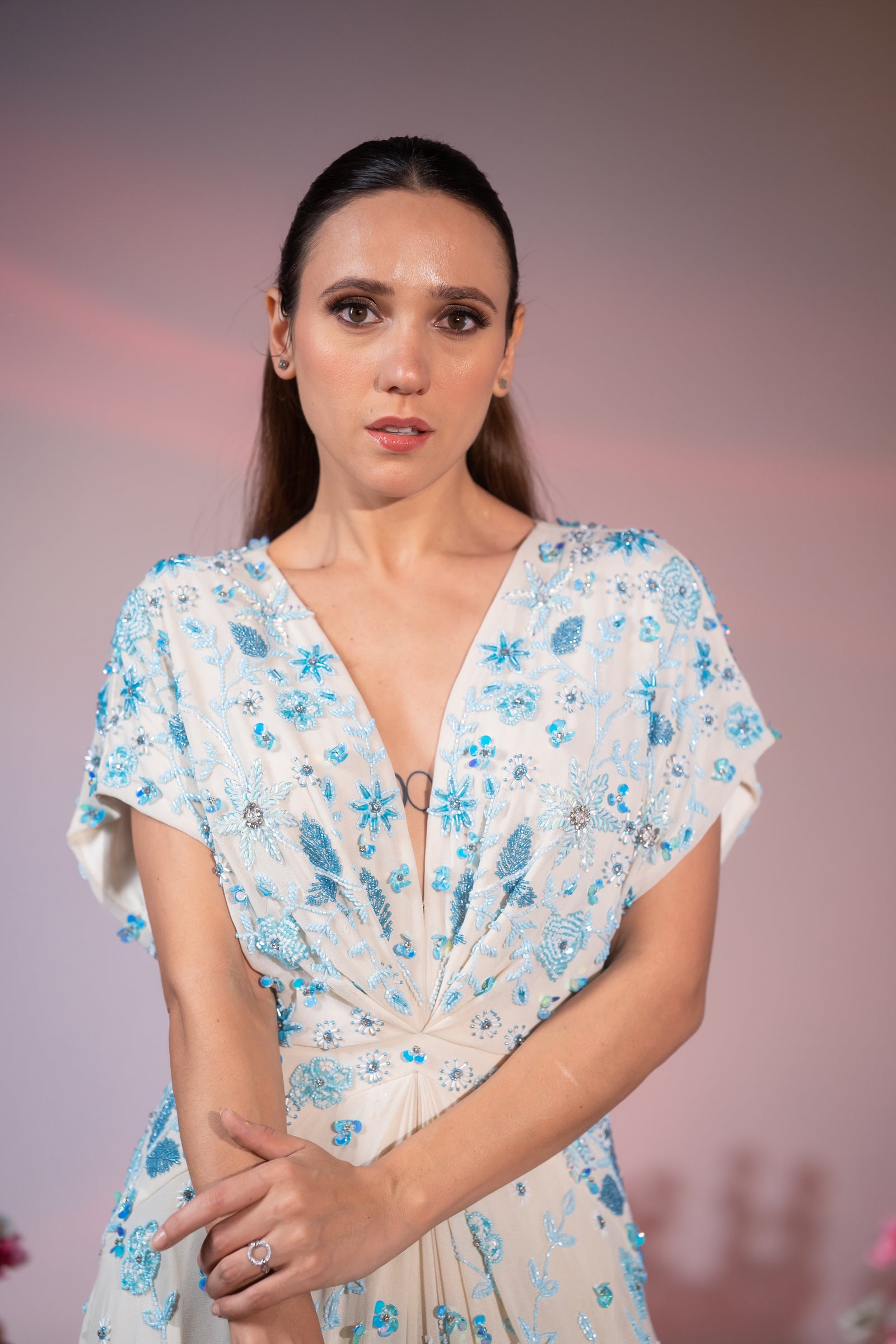 Cream & Powder Blue Floral Embroidered Slit Evening Gown