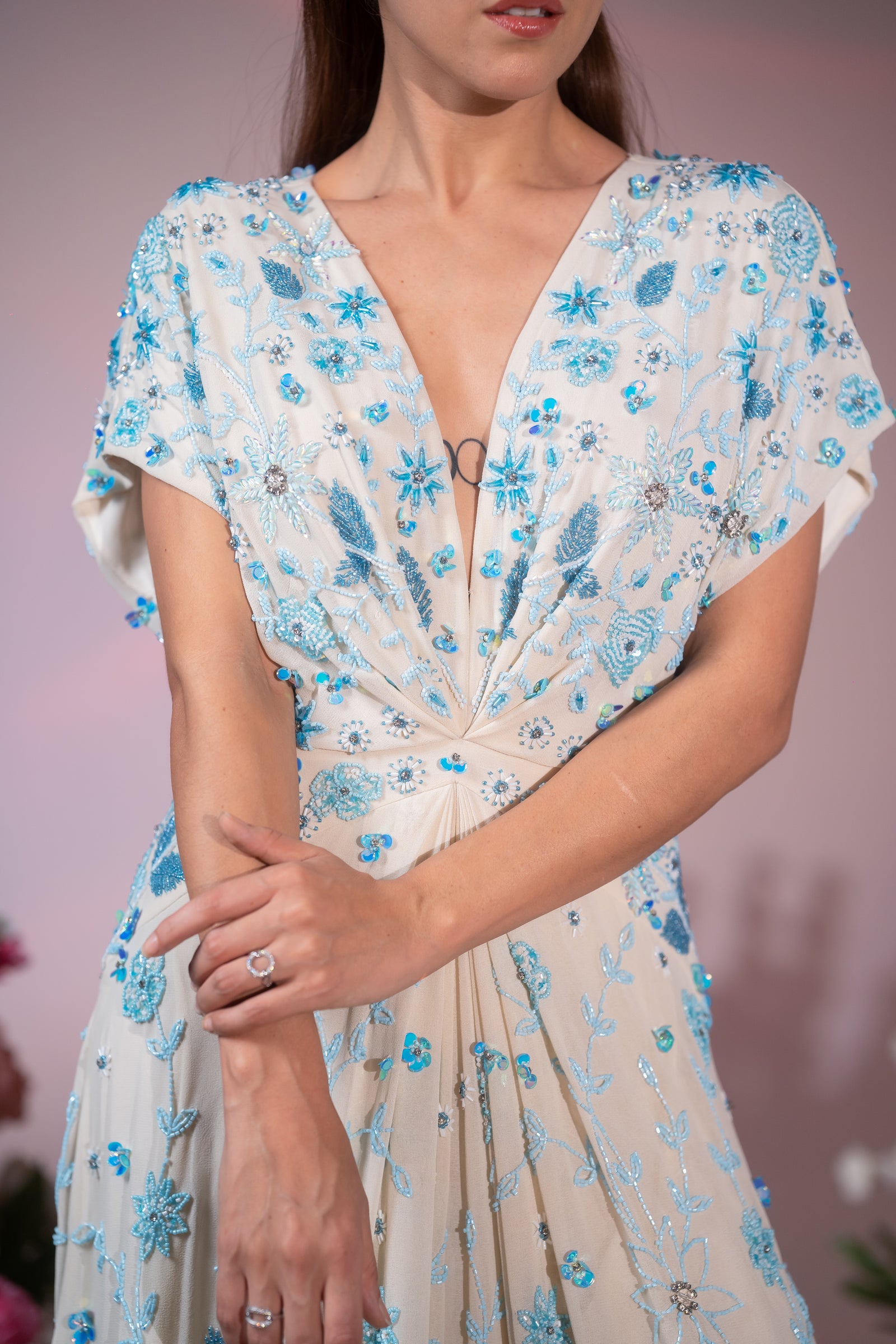 Cream & Powder Blue Floral Embroidered Slit Evening Gown