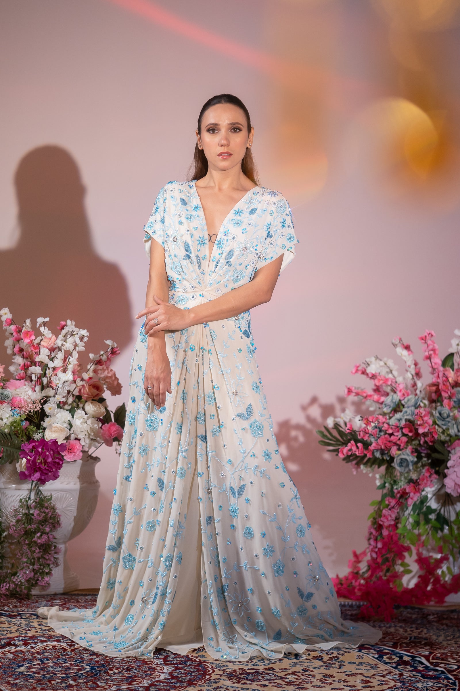 Cream & Powder Blue Floral Embroidered Slit Evening Gown