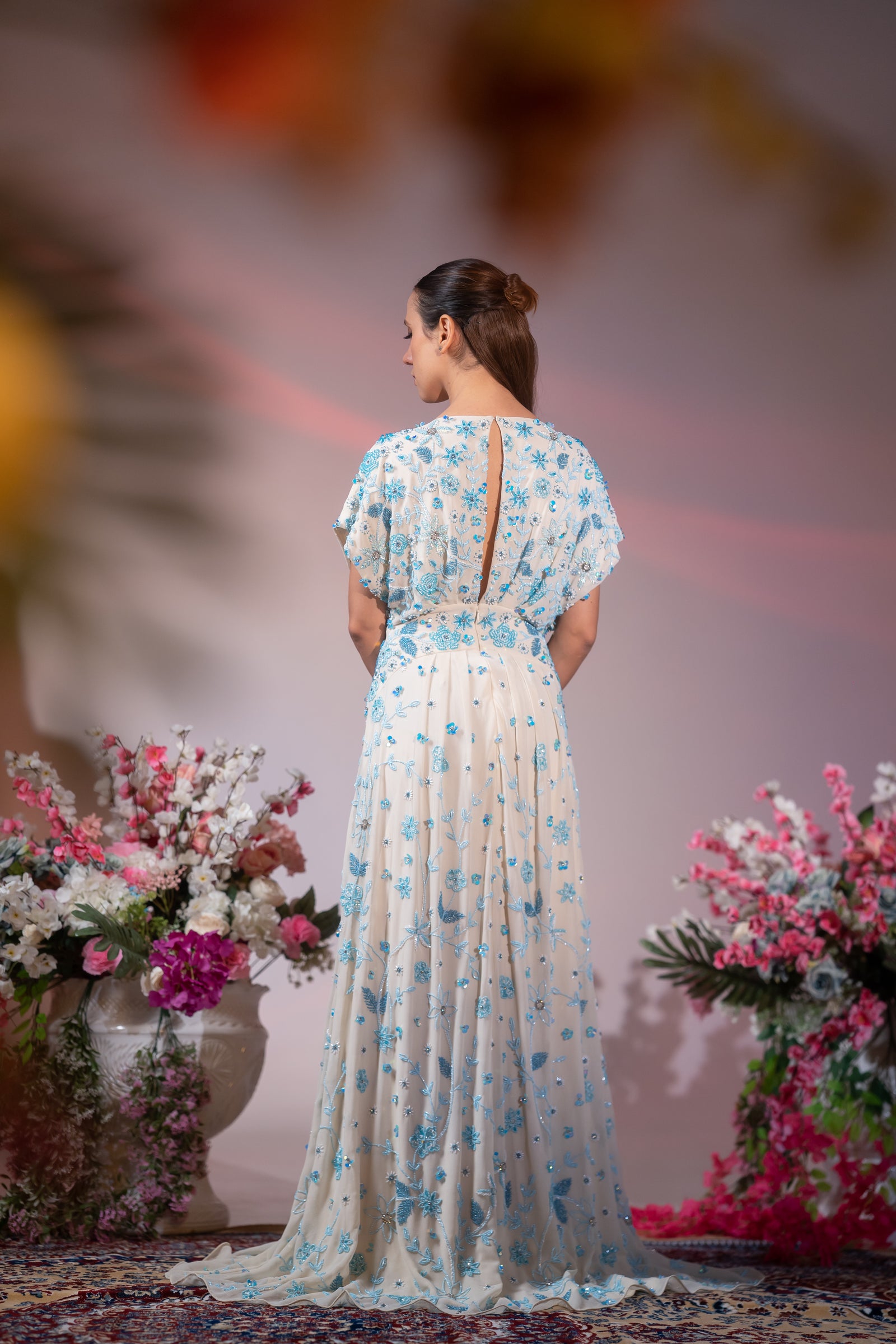 Cream & Powder Blue Floral Embroidered Slit Evening Gown