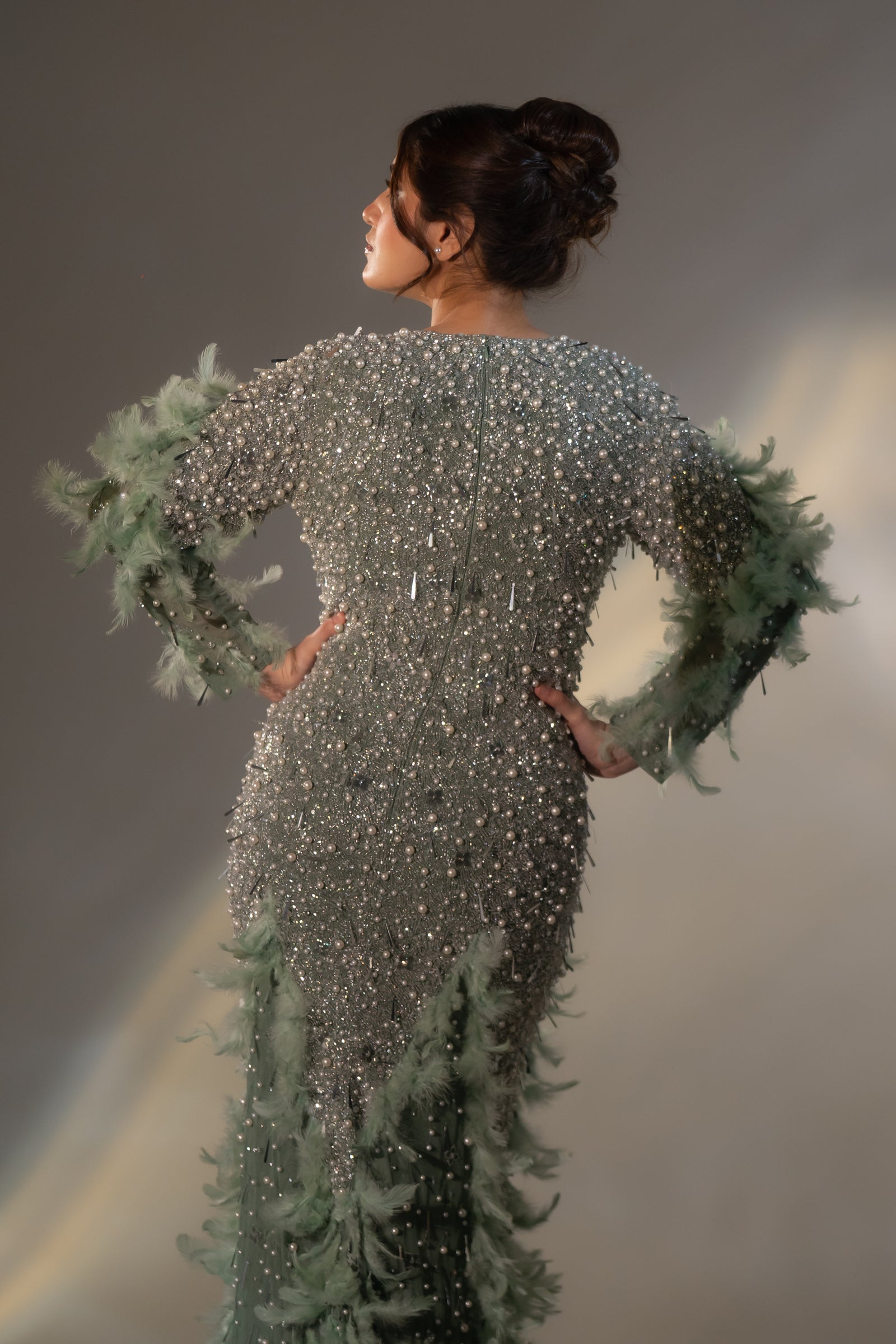 Sage Green Pearl & Feather Embellished Evening Gown