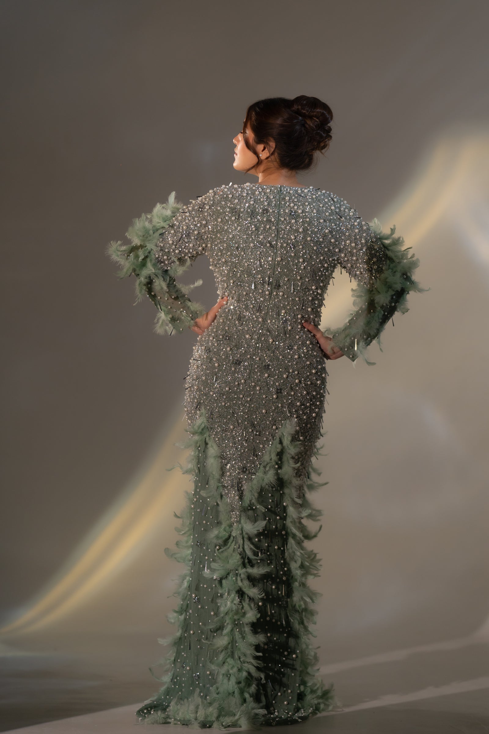 Sage Green Pearl & Feather Embellished Evening Gown