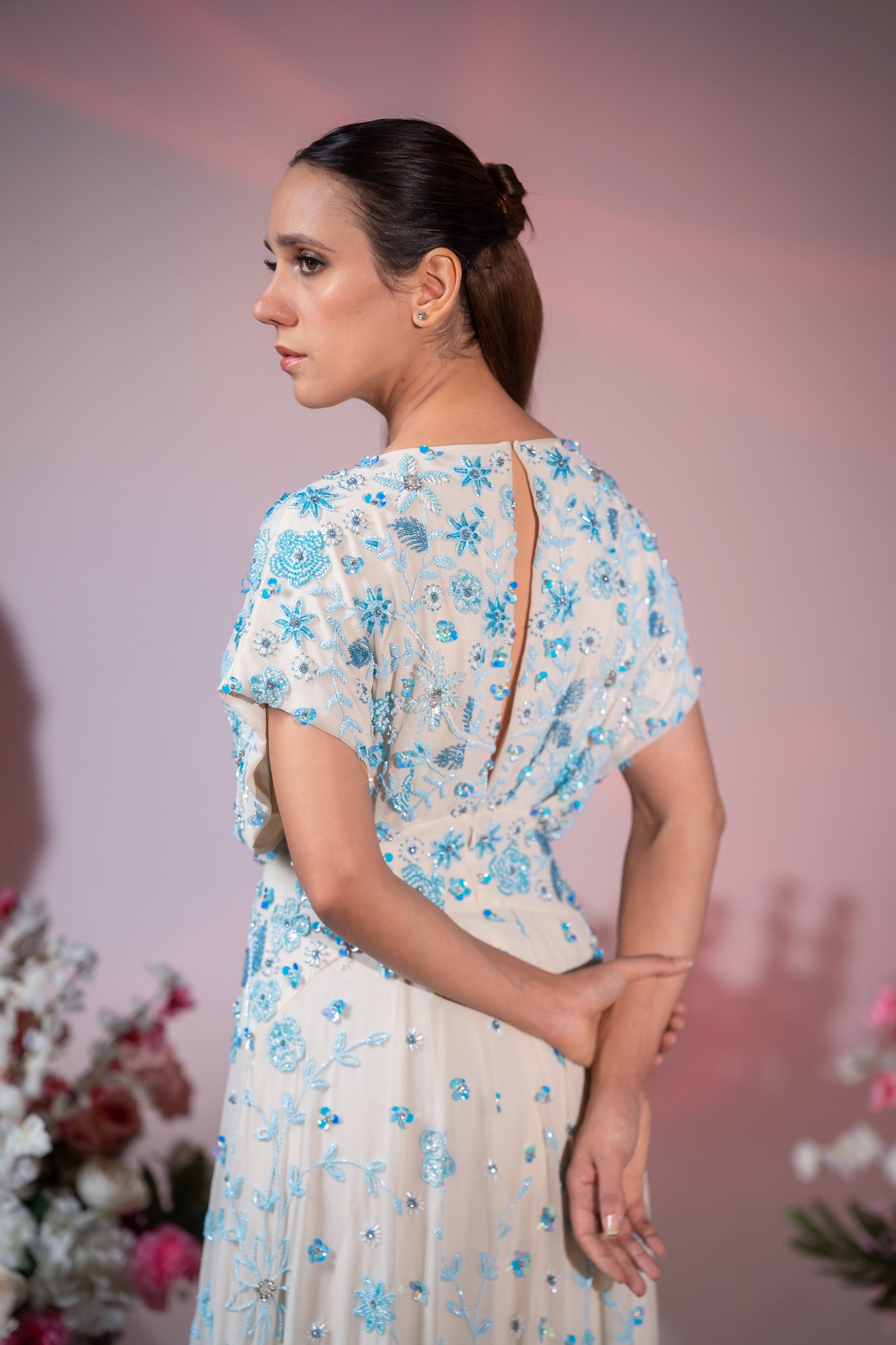 Cream & Powder Blue Floral Embroidered Slit Evening Gown