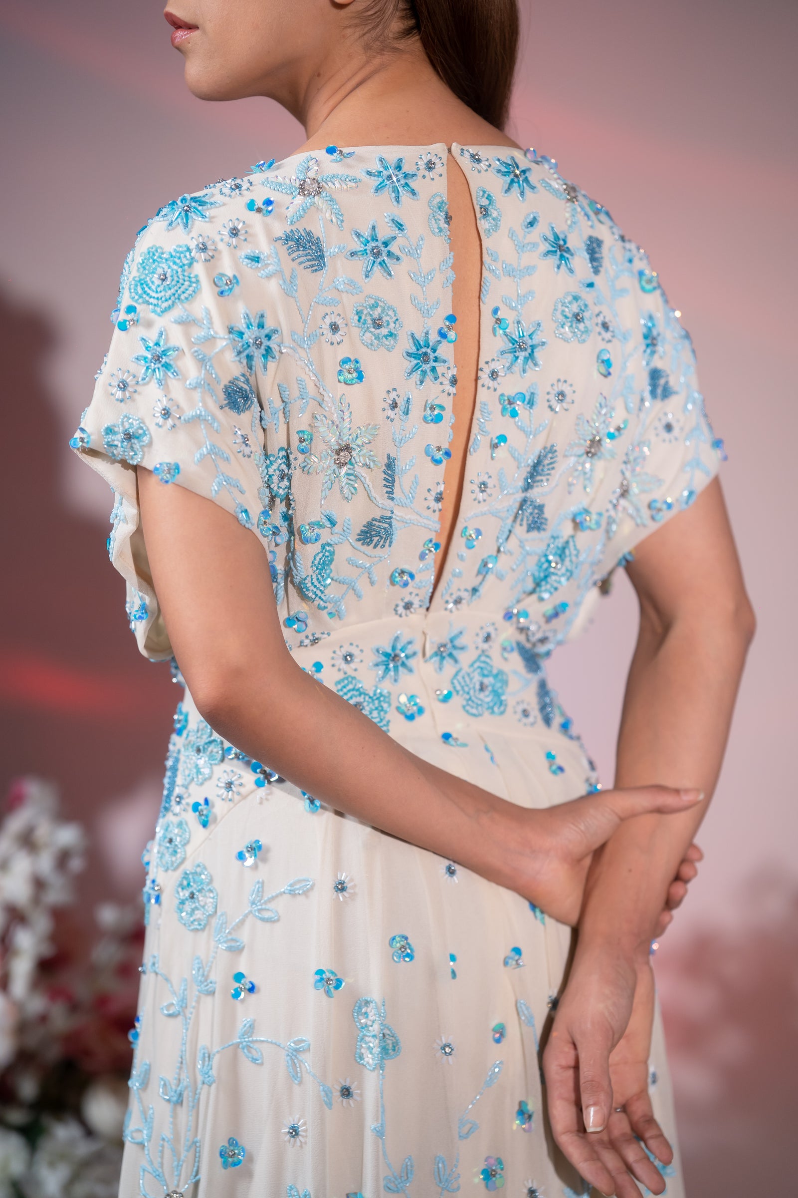 Cream & Powder Blue Floral Embroidered Slit Evening Gown