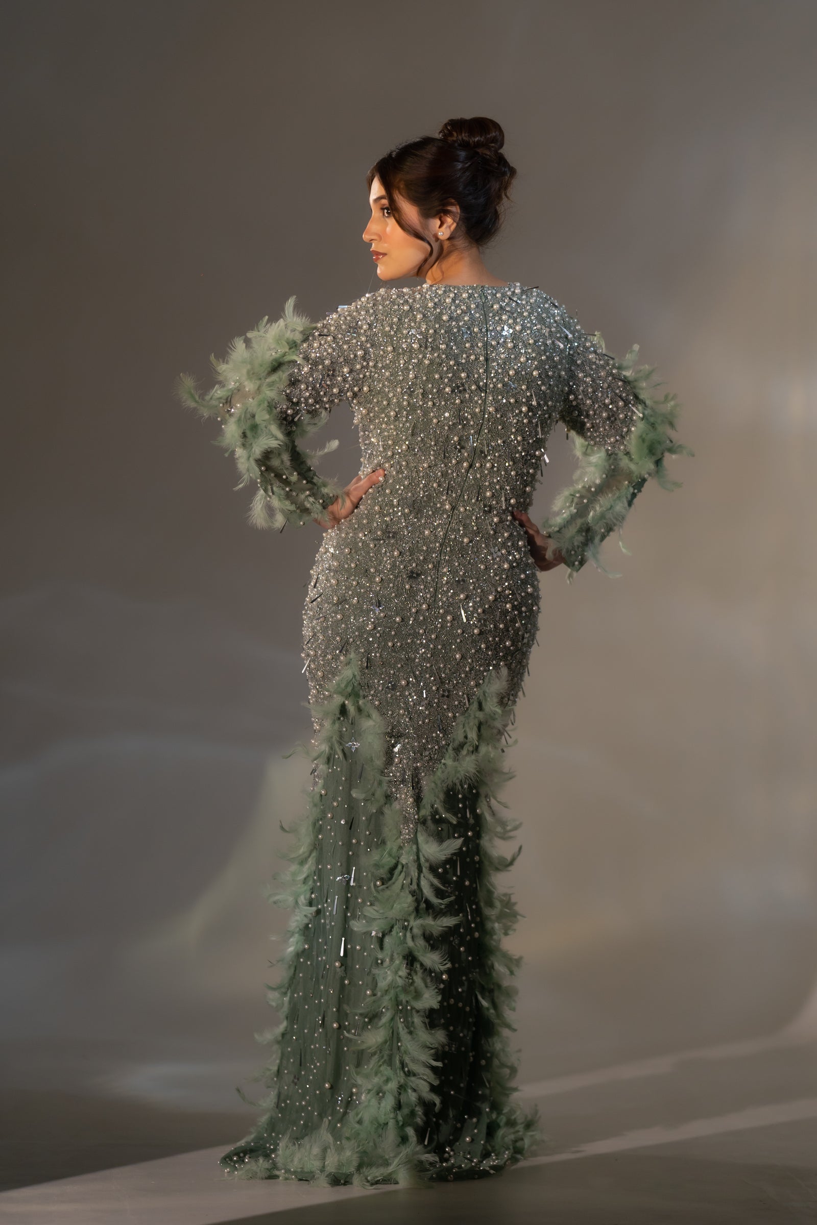 Sage Green Pearl & Feather Embellished Evening Gown