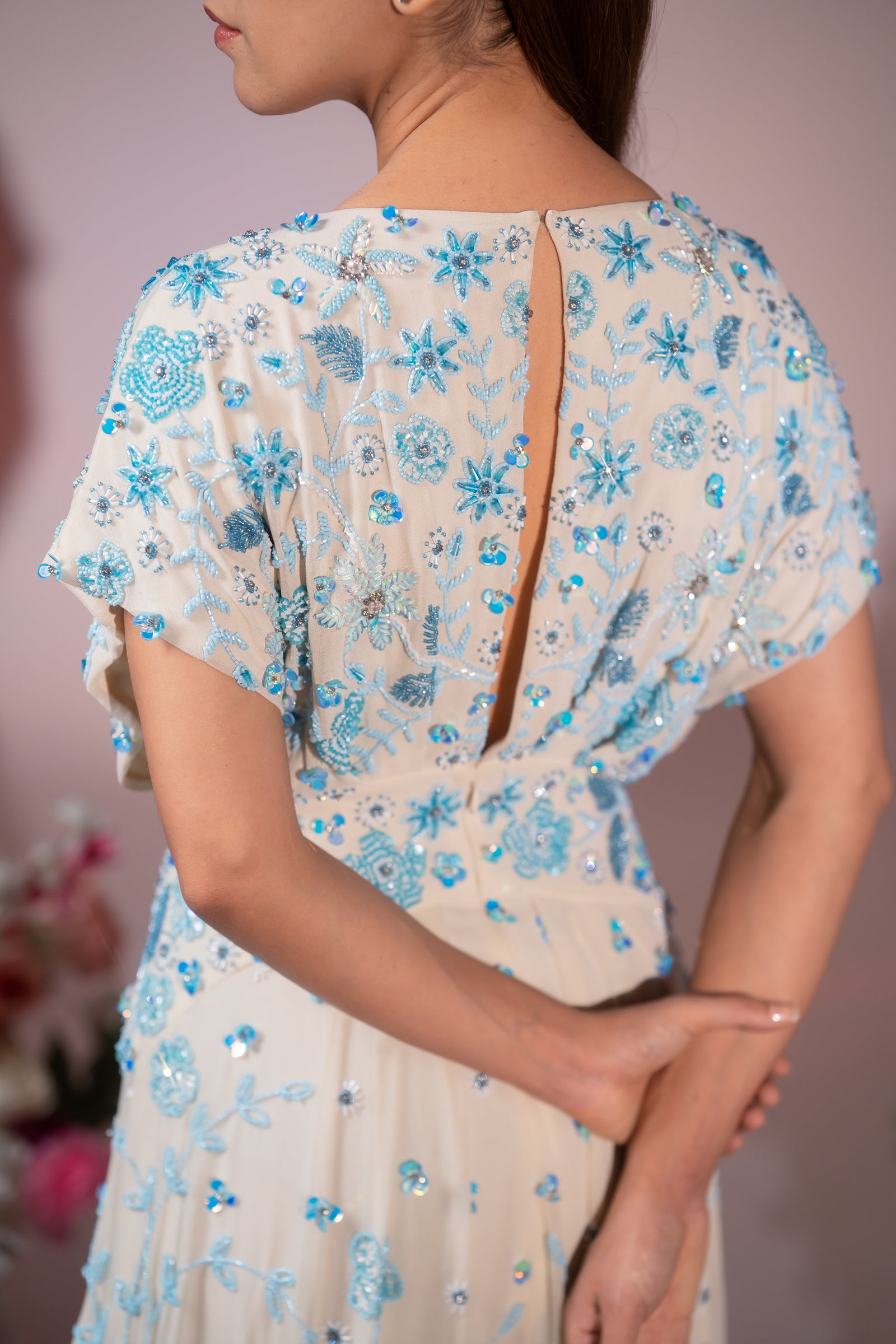 Cream & Powder Blue Floral Embroidered Slit Evening Gown