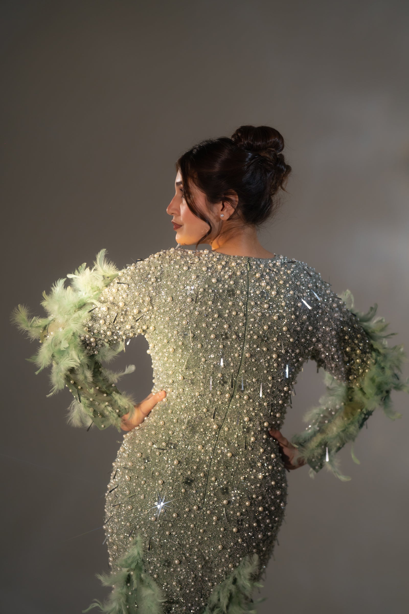 Sage Green Pearl & Feather Embellished Evening Gown