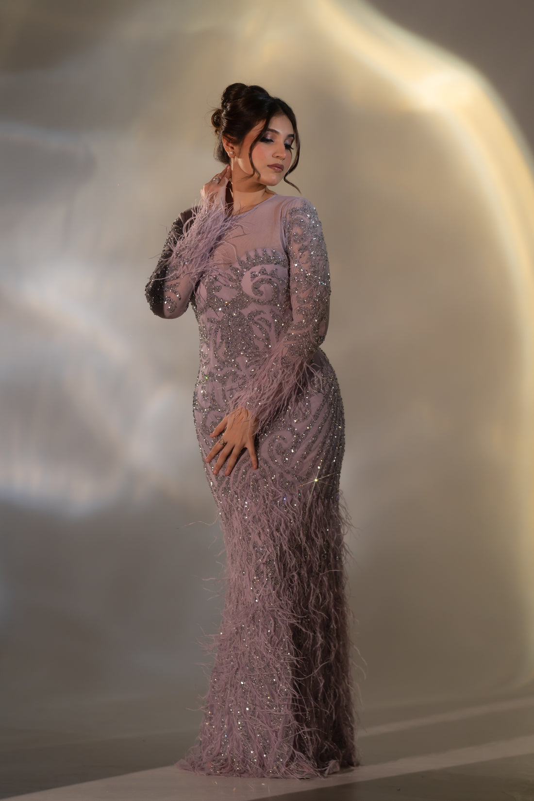 Dusty Lilac Baroque Beaded & Feather Embellished Evening Gown