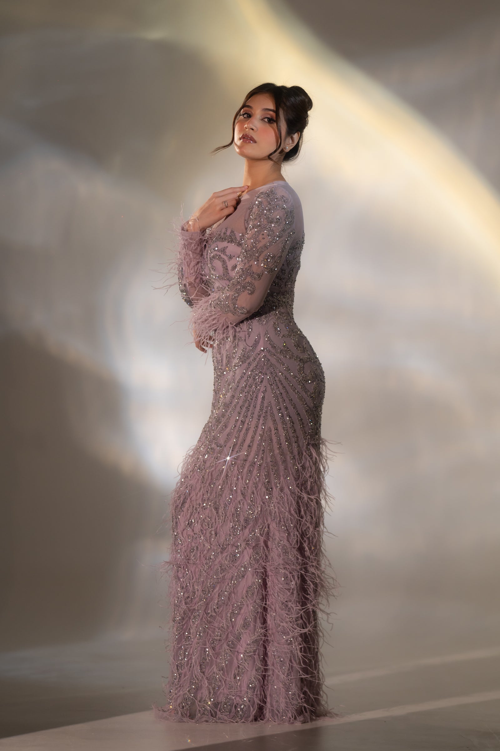 Dusty Lilac Baroque Beaded & Feather Embellished Evening Gown