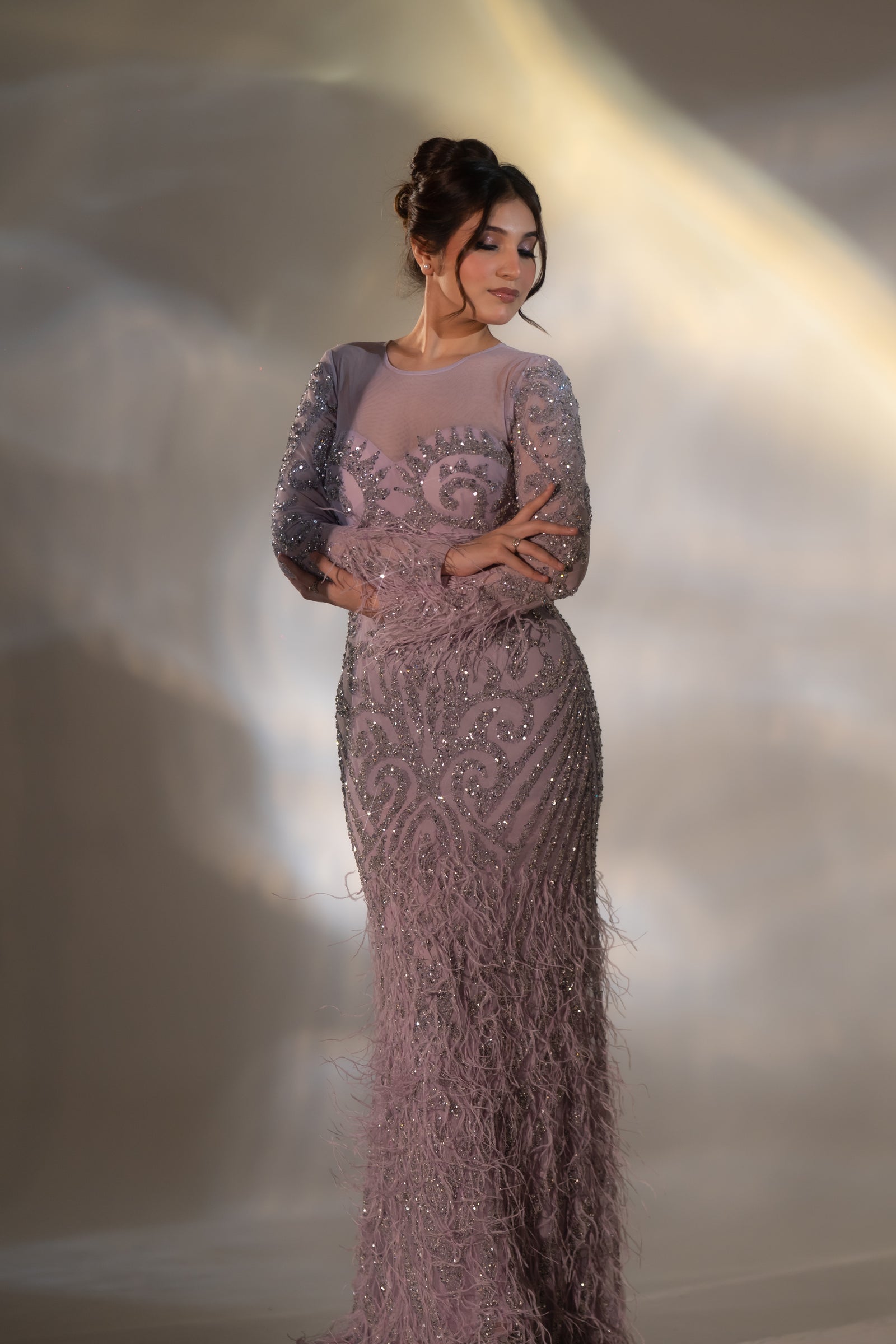 Dusty Lilac Baroque Beaded & Feather Embellished Evening Gown
