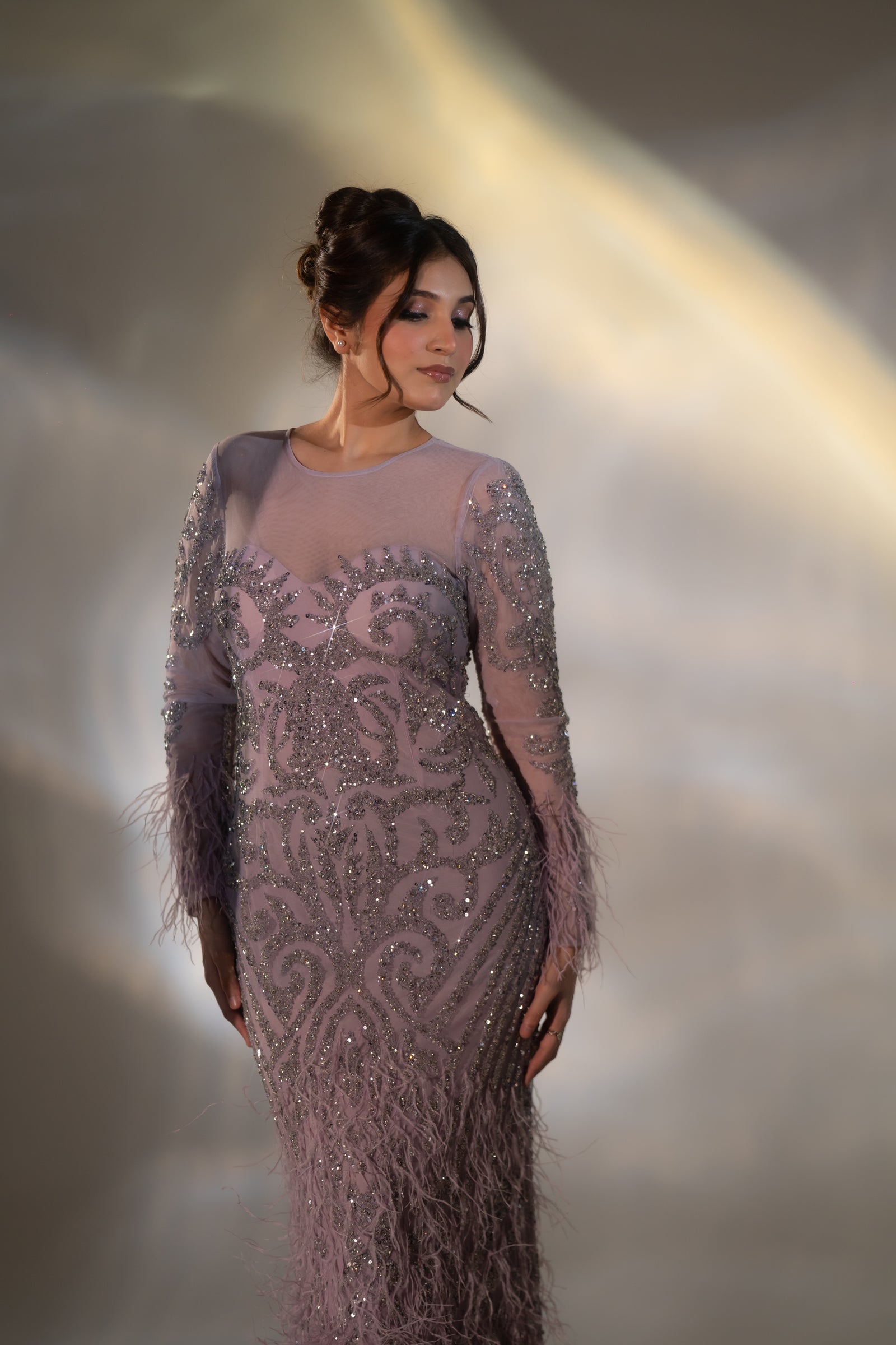 Dusty Lilac Baroque Beaded & Feather Embellished Evening Gown