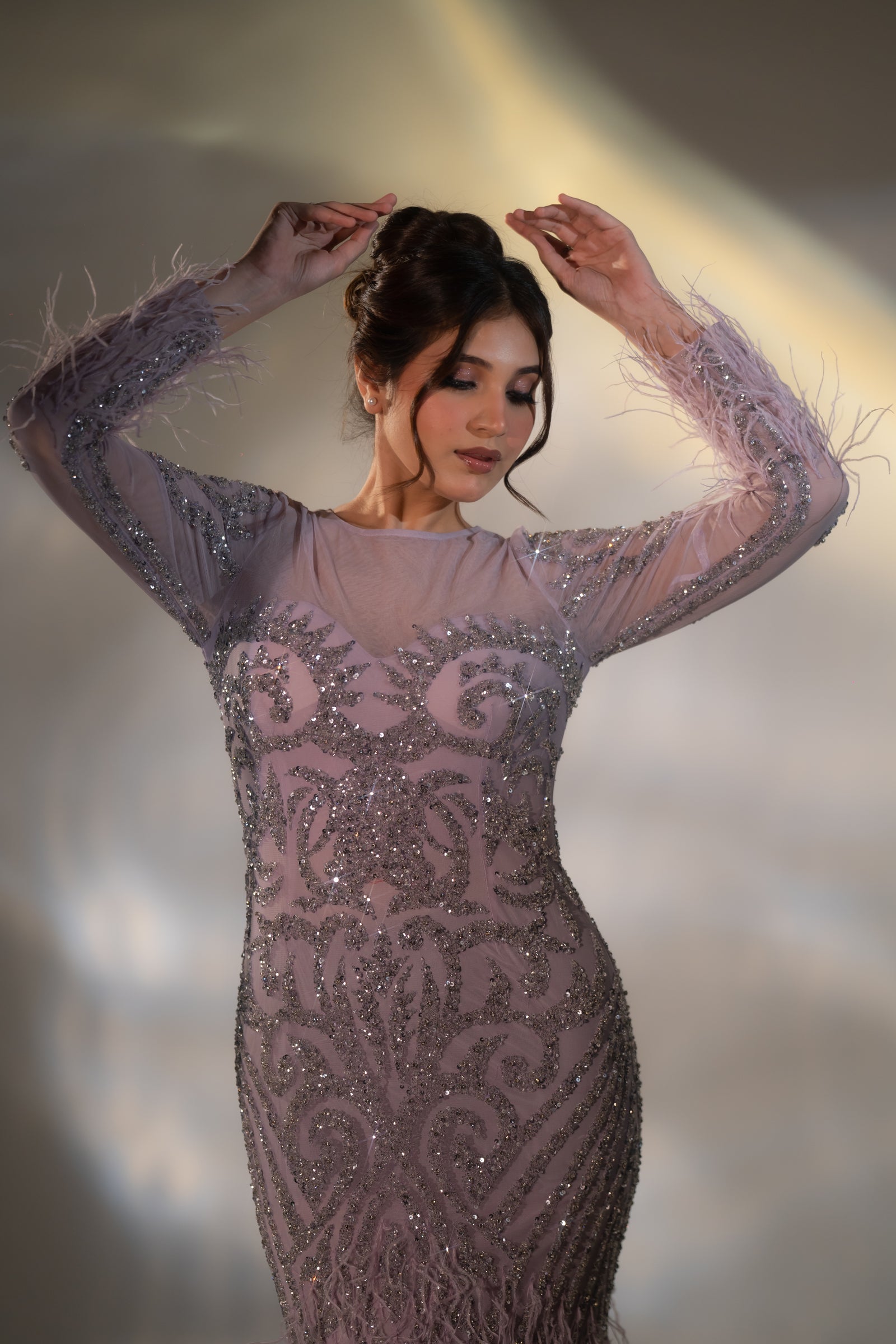 Dusty Lilac Baroque Beaded & Feather Embellished Evening Gown