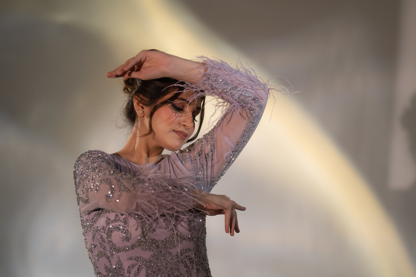 Dusty Lilac Baroque Beaded & Feather Embellished Evening Gown