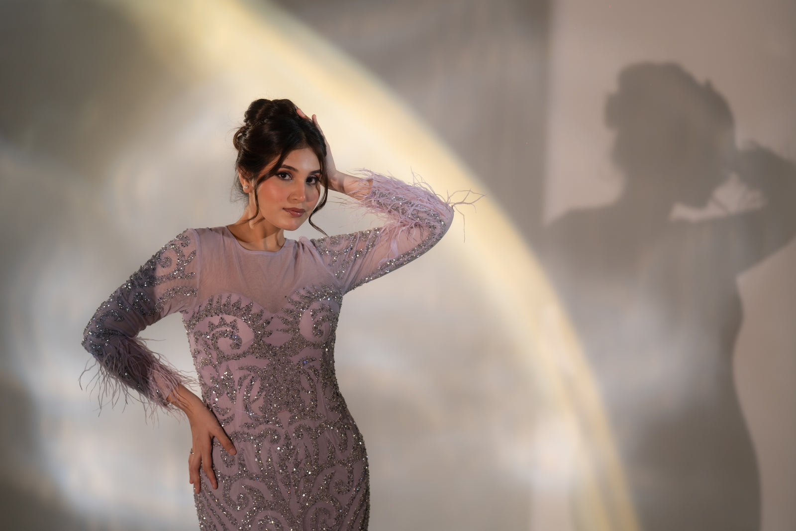 Dusty Lilac Baroque Beaded & Feather Embellished Evening Gown