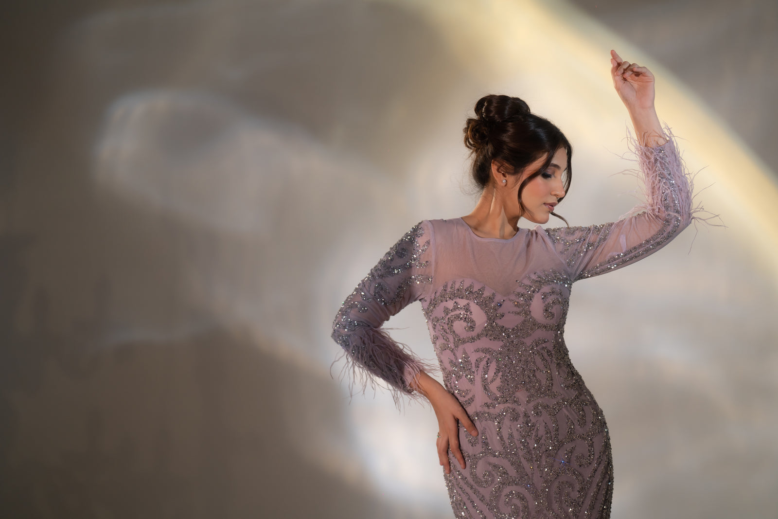 Dusty Lilac Baroque Beaded & Feather Embellished Evening Gown