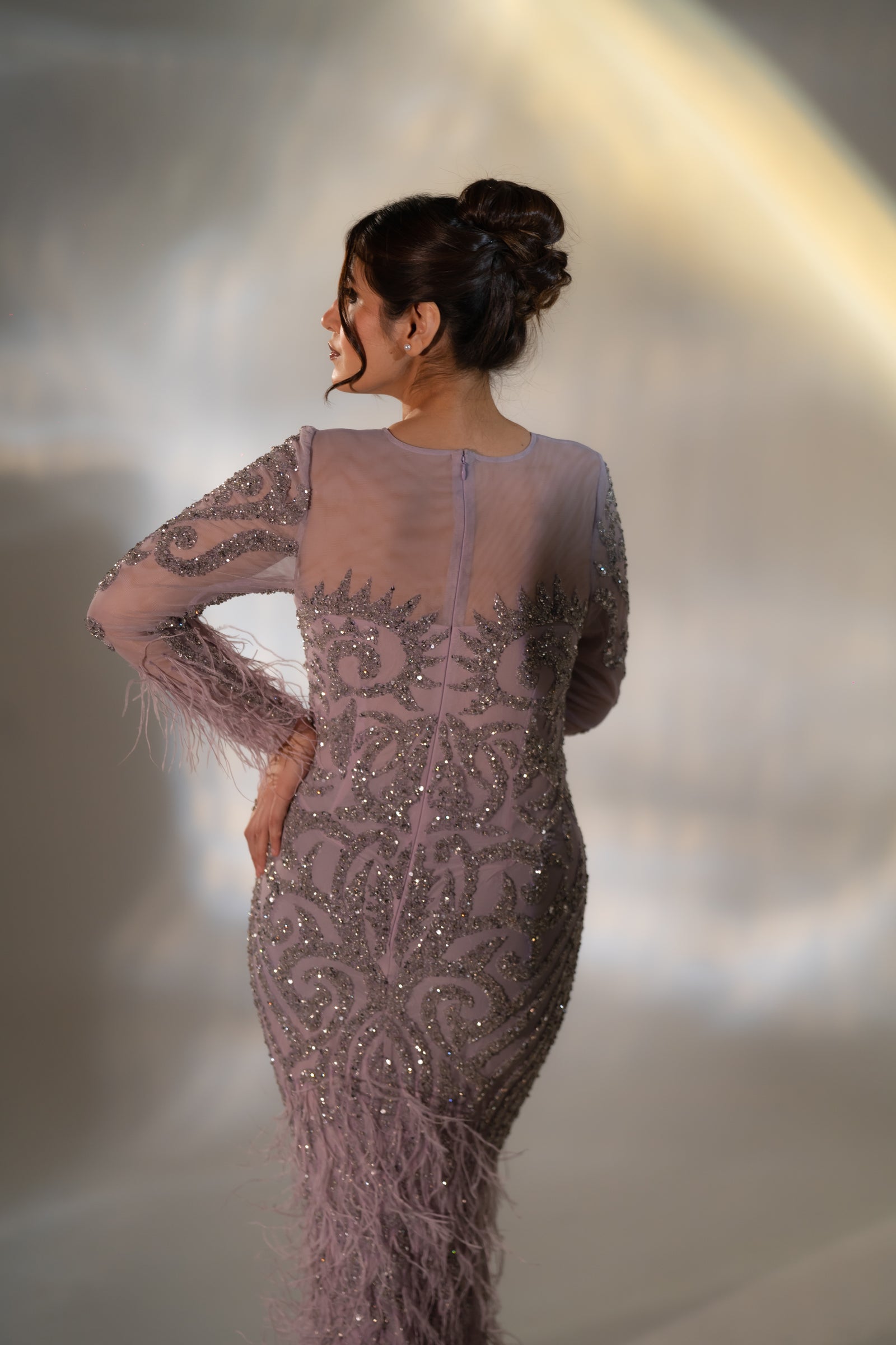 Dusty Lilac Baroque Beaded & Feather Embellished Evening Gown