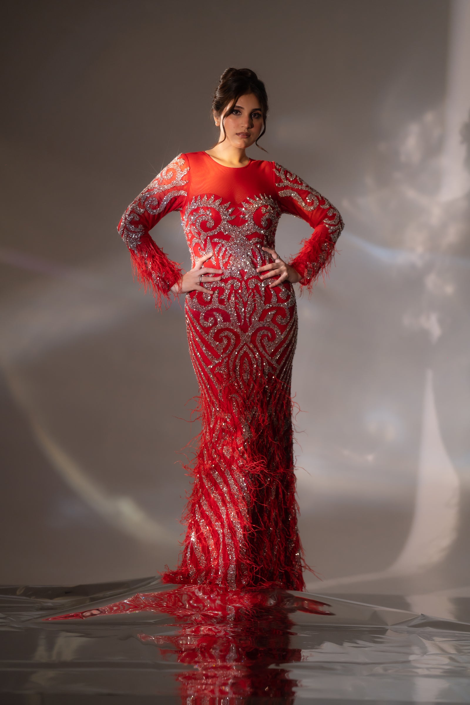 Bright Red Baroque Beaded & Feather Embellished Evening Gown
