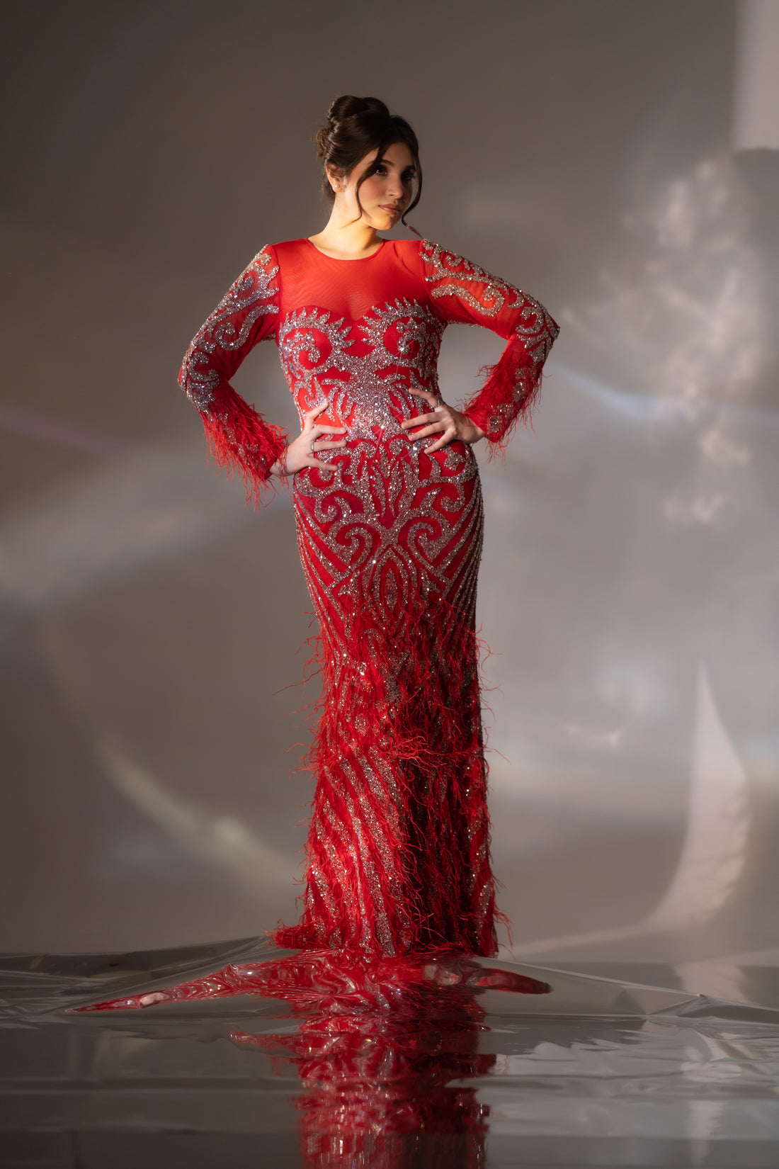 Bright Red Baroque Beaded & Feather Embellished Evening Gown