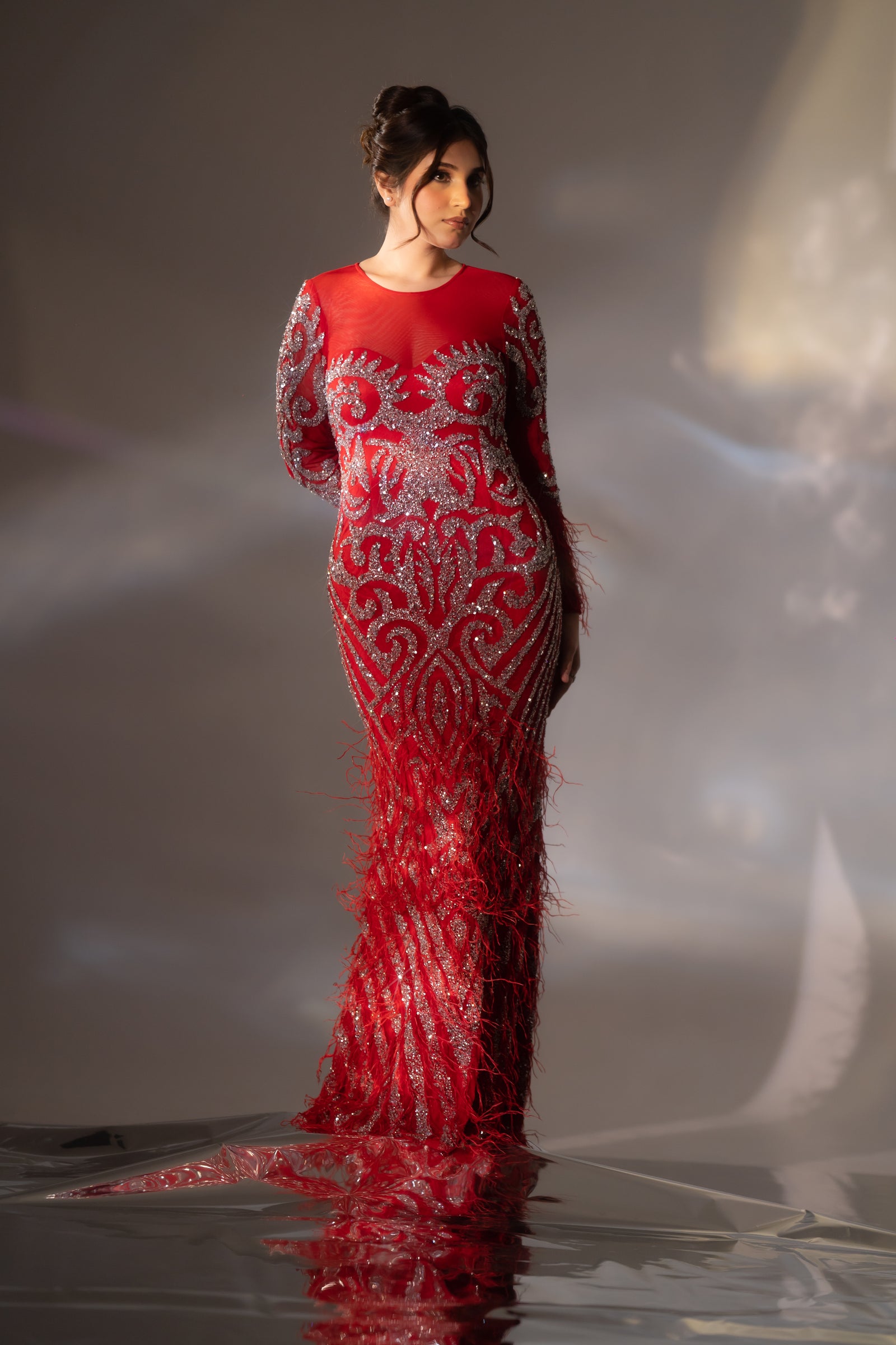 Bright Red Baroque Beaded & Feather Embellished Evening Gown