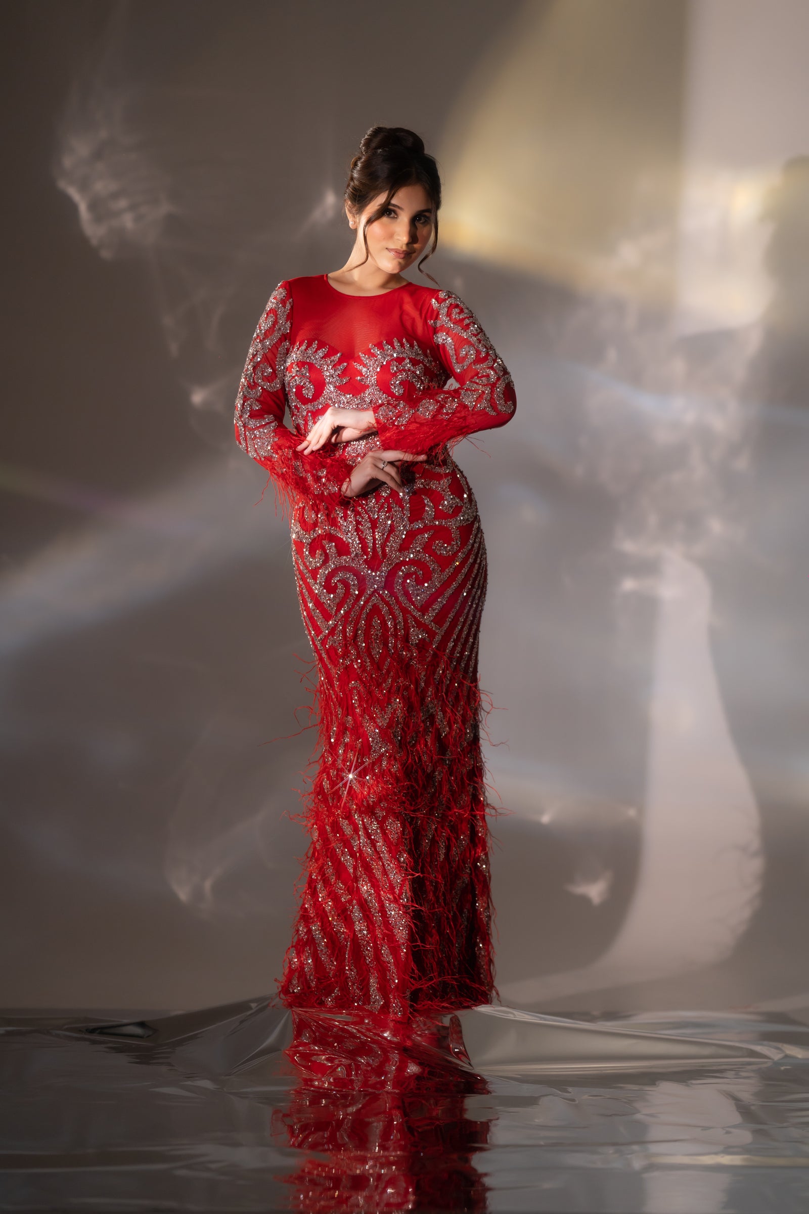 Bright Red Baroque Beaded & Feather Embellished Evening Gown