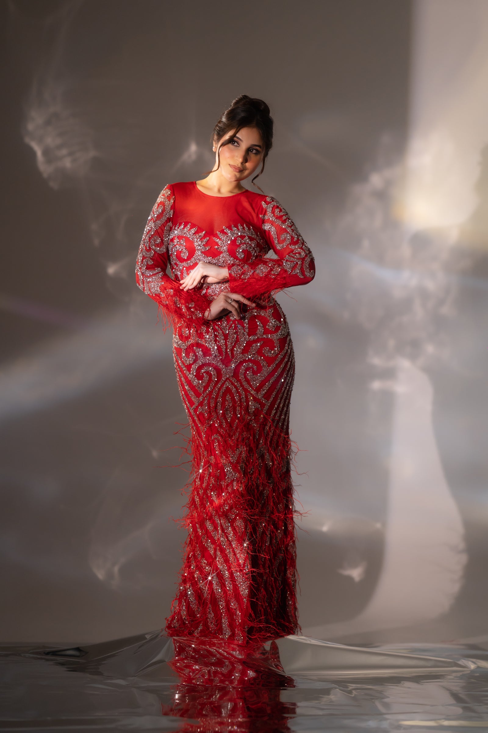 Bright Red Baroque Beaded & Feather Embellished Evening Gown