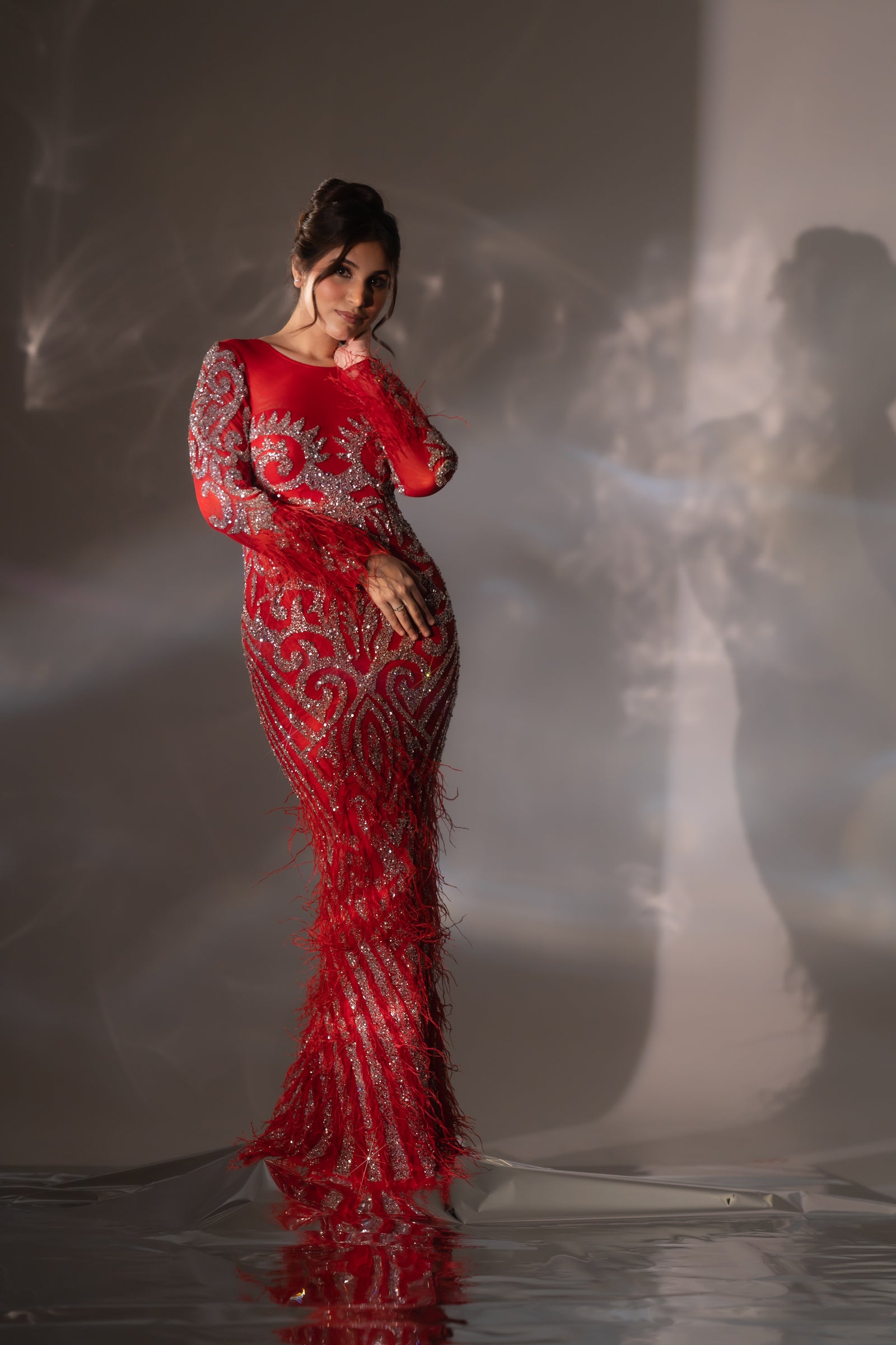 Bright Red Baroque Beaded & Feather Embellished Evening Gown