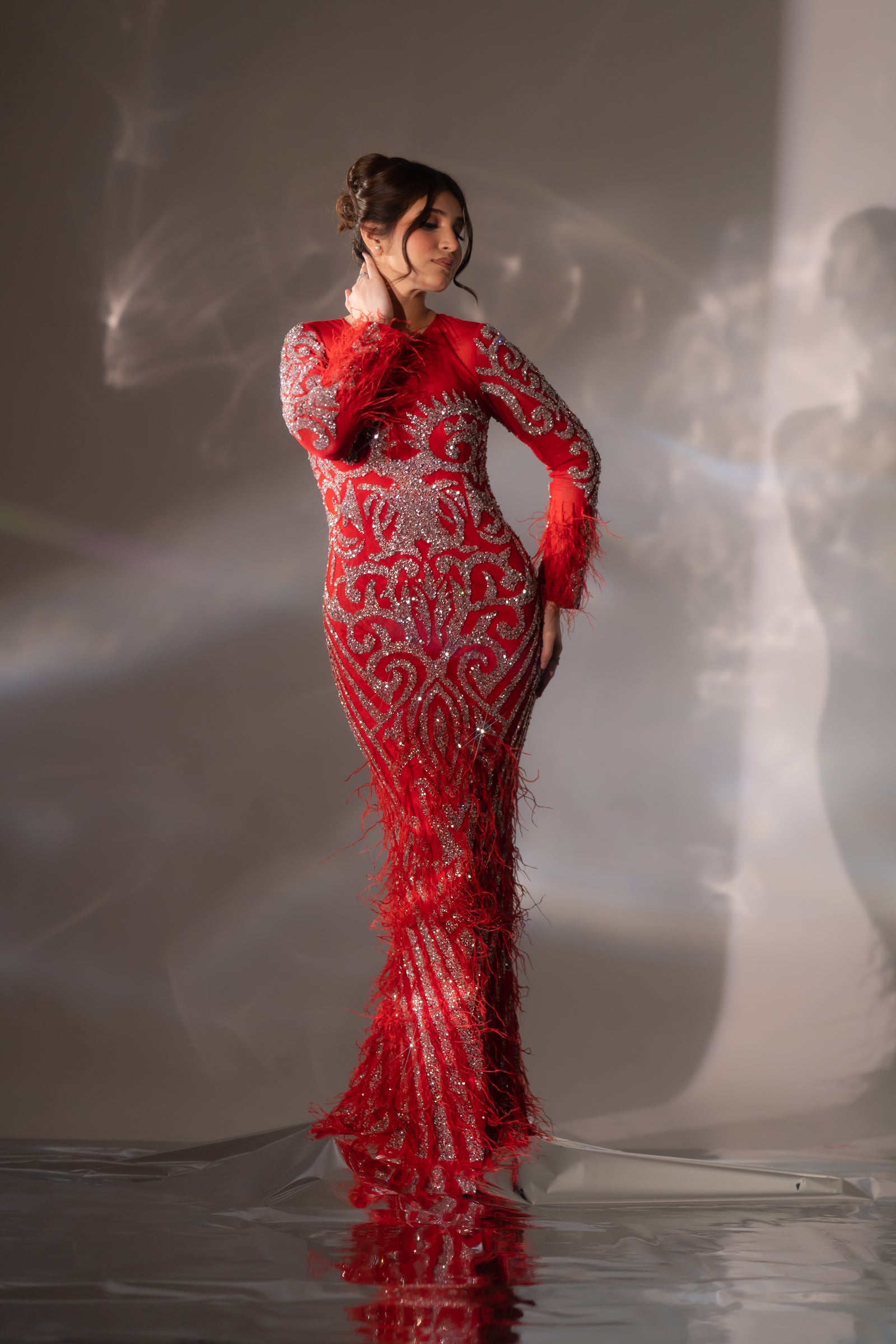 Bright Red Baroque Beaded & Feather Embellished Evening Gown