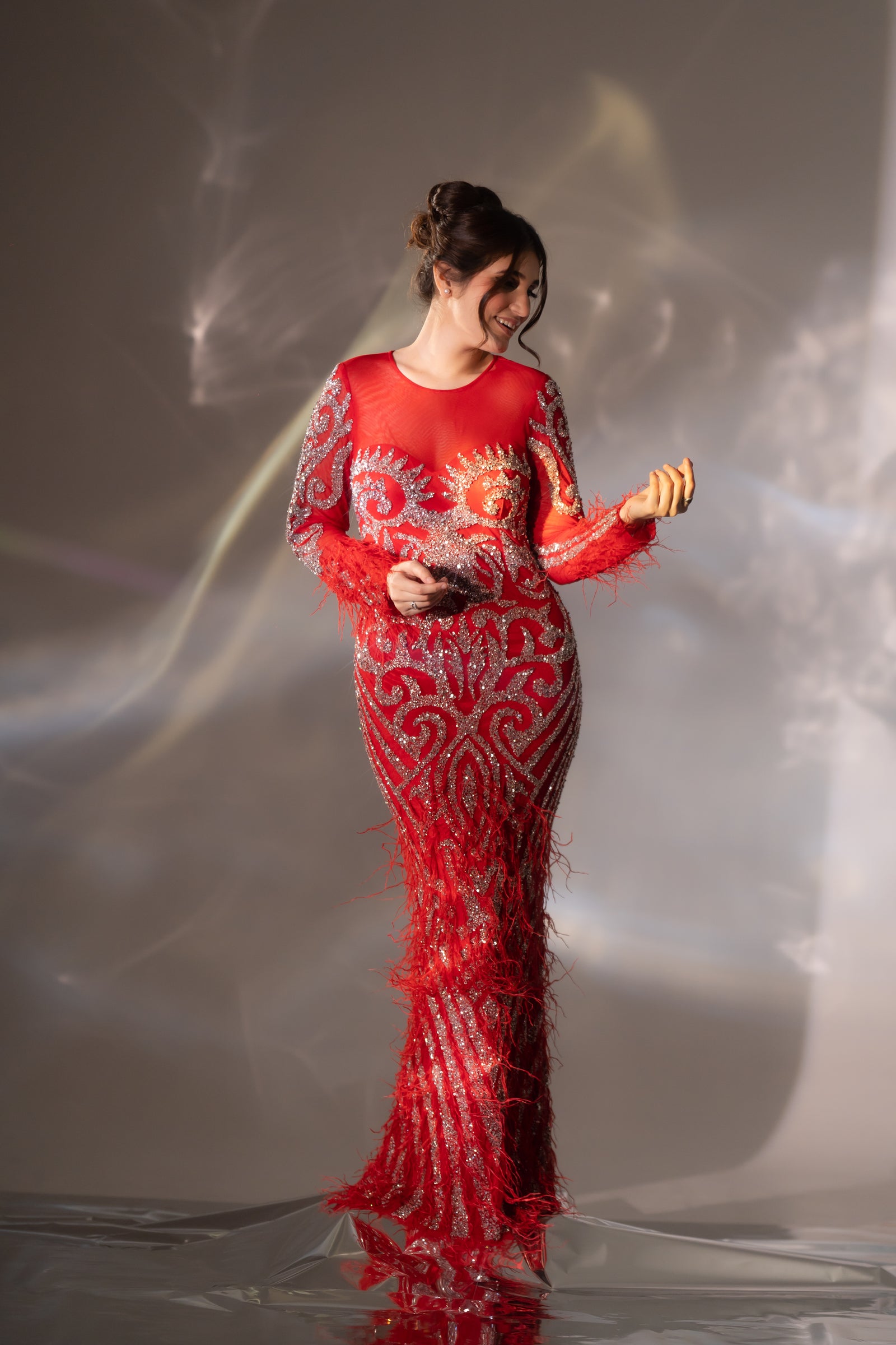 Bright Red Baroque Beaded & Feather Embellished Evening Gown