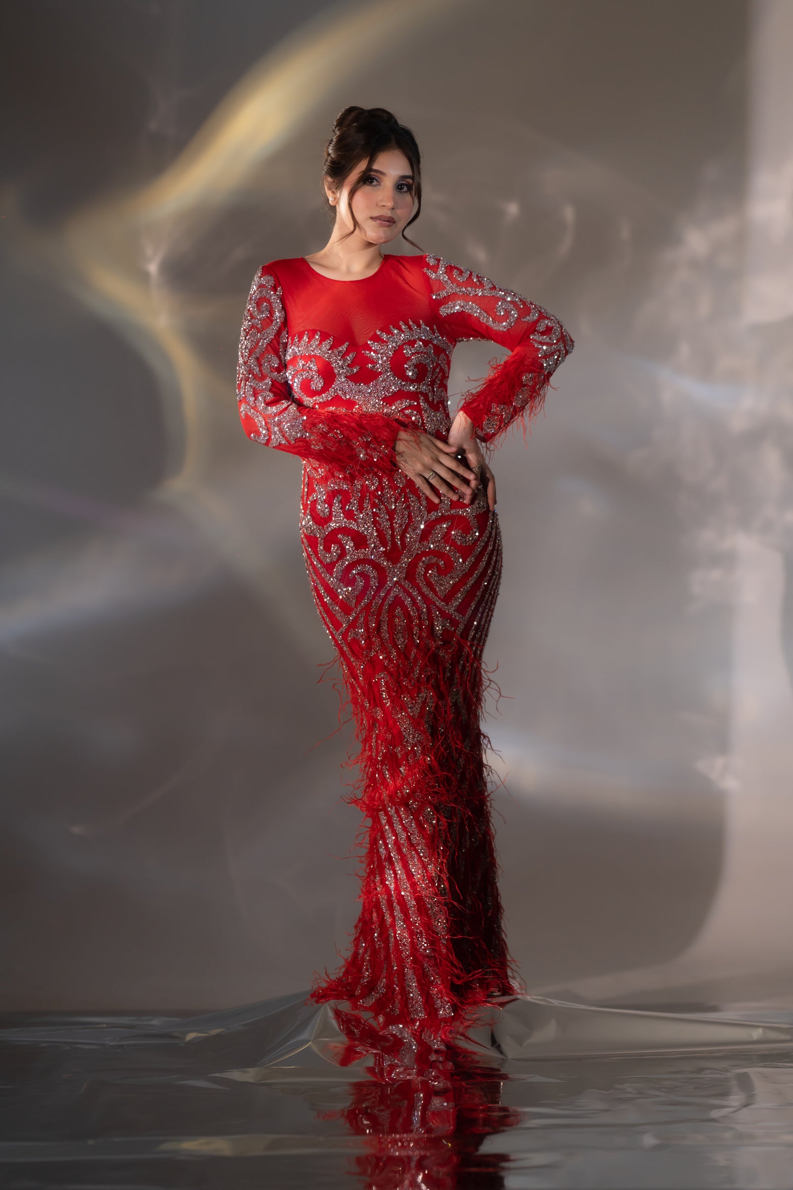 Bright Red Baroque Beaded & Feather Embellished Evening Gown