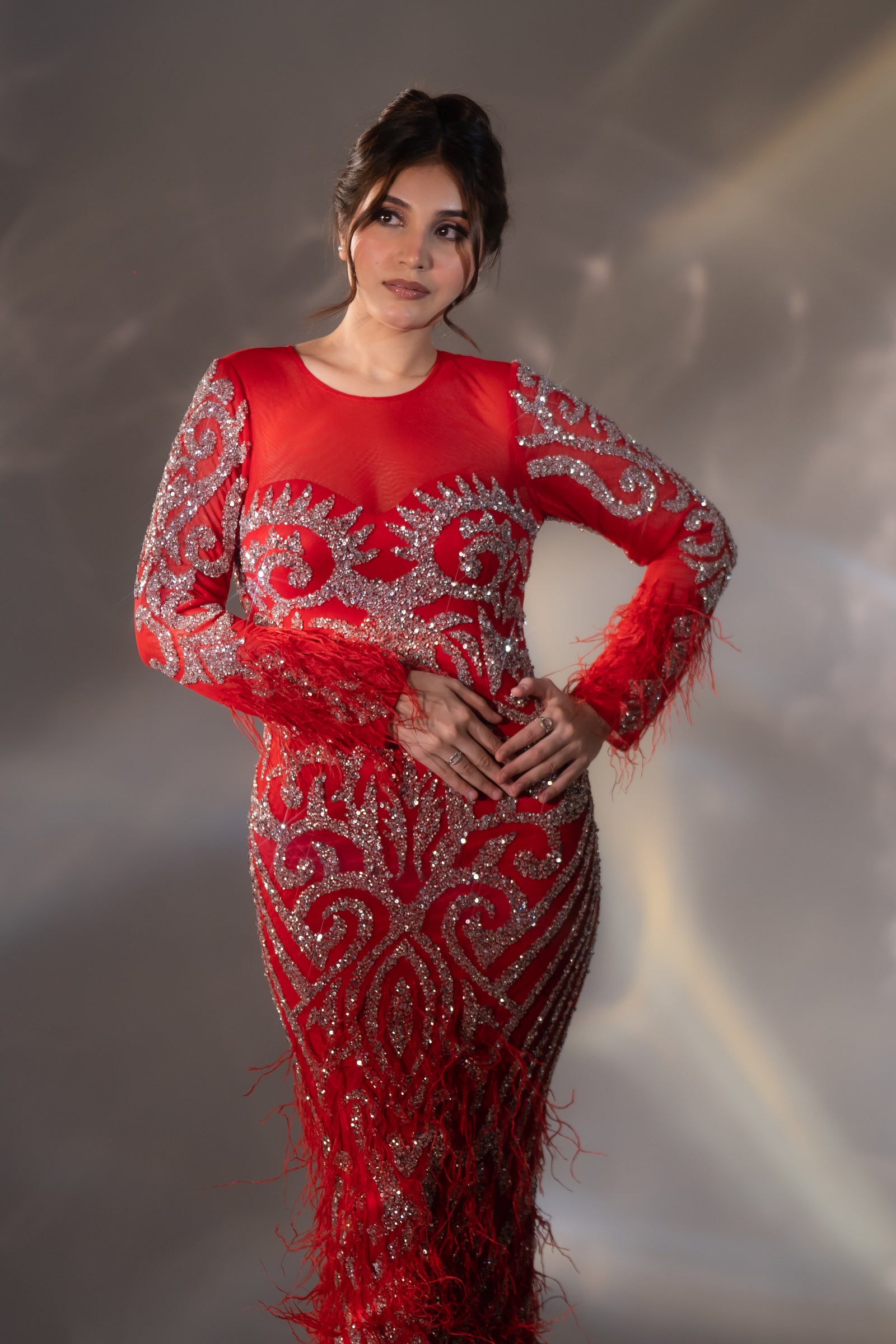 Bright Red Baroque Beaded & Feather Embellished Evening Gown